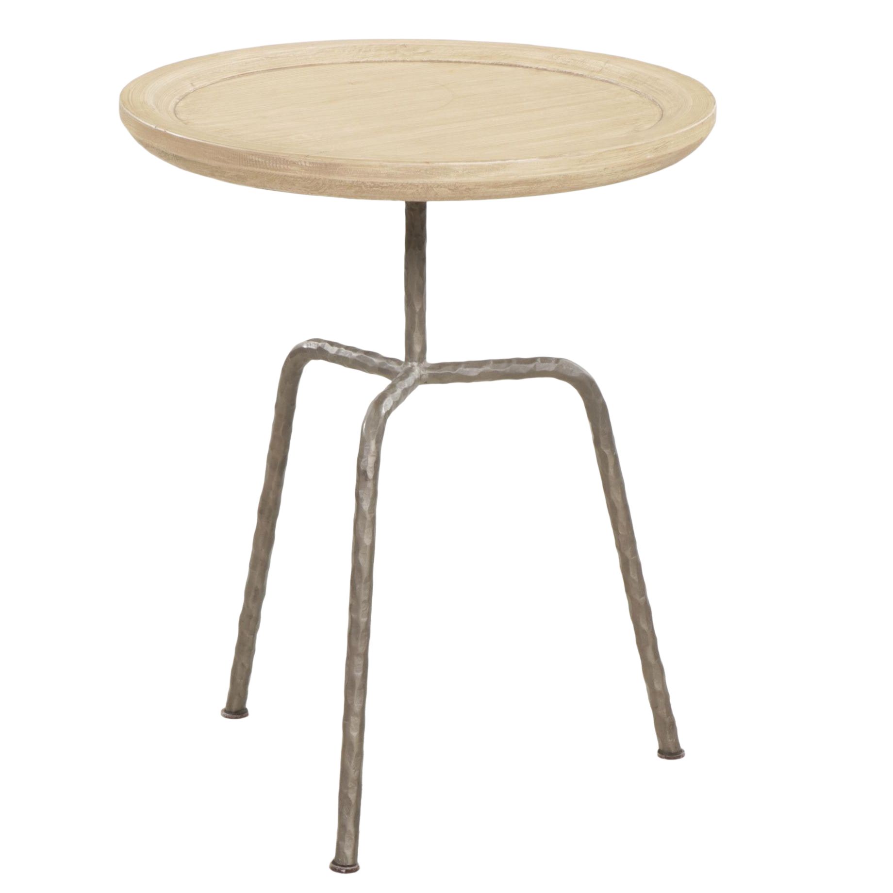Contemporary Hammered Iron Tripod Base and Wood Top Drinks Table