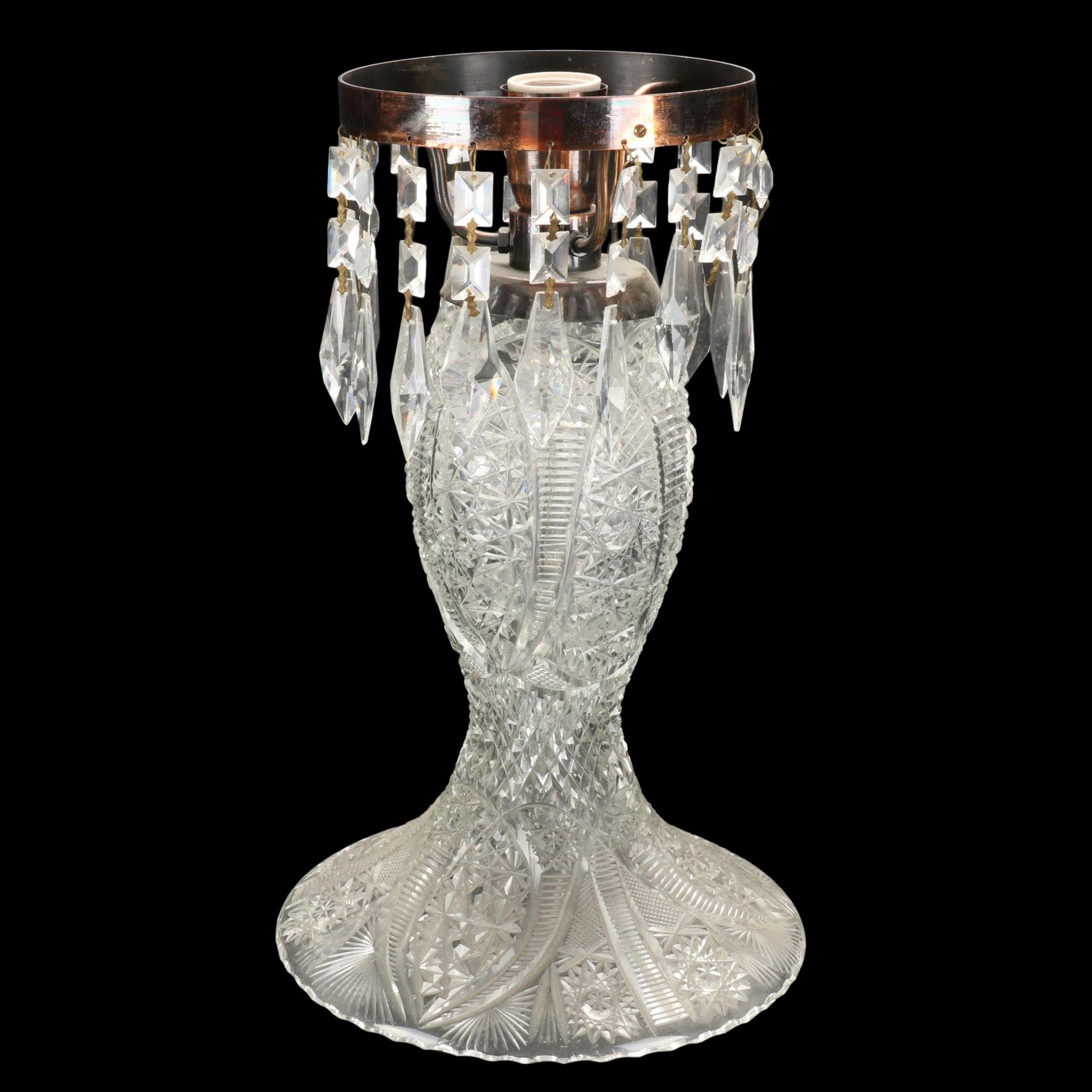 American Brilliant Style Cut Glass Mushroom Lamp with Prisms, Early/ Mid-20th C