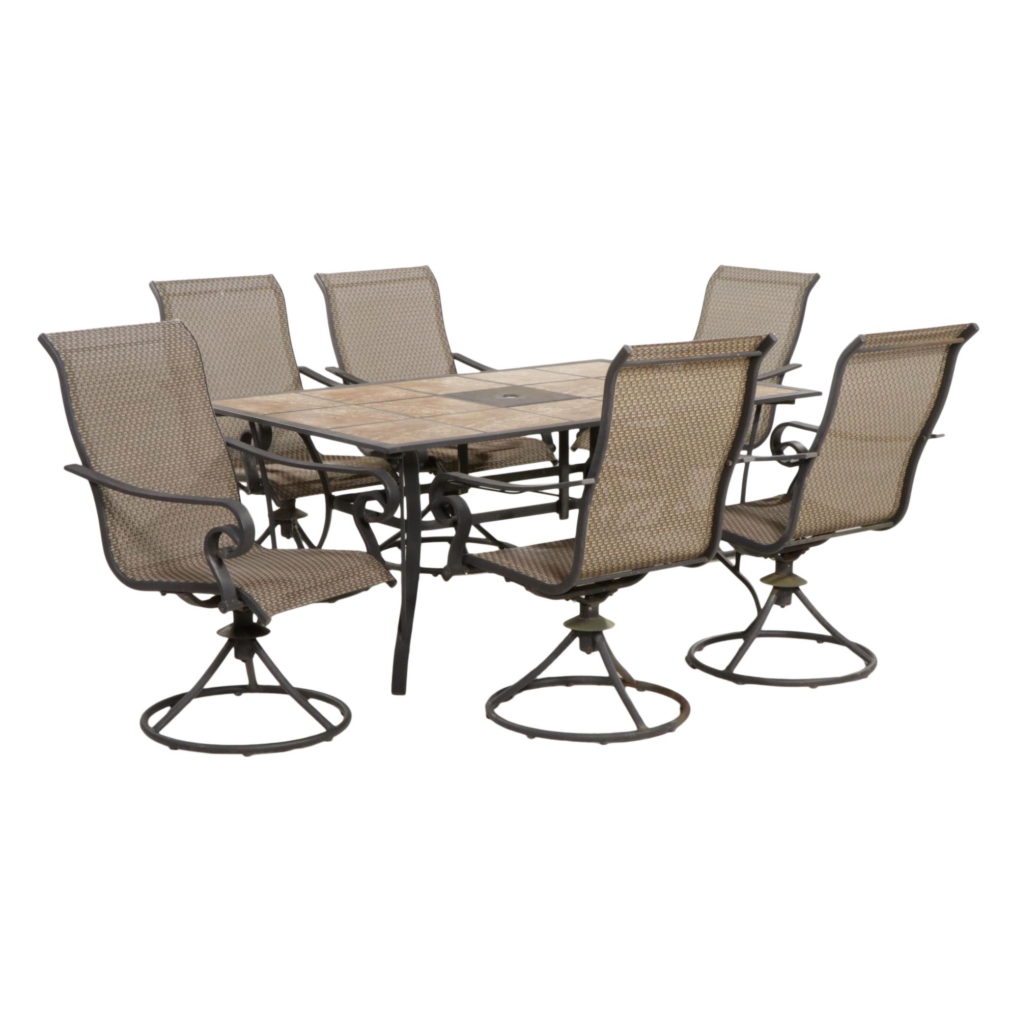 Metal and Tile Top Patio Dining Table with Six Pedestal Chairs