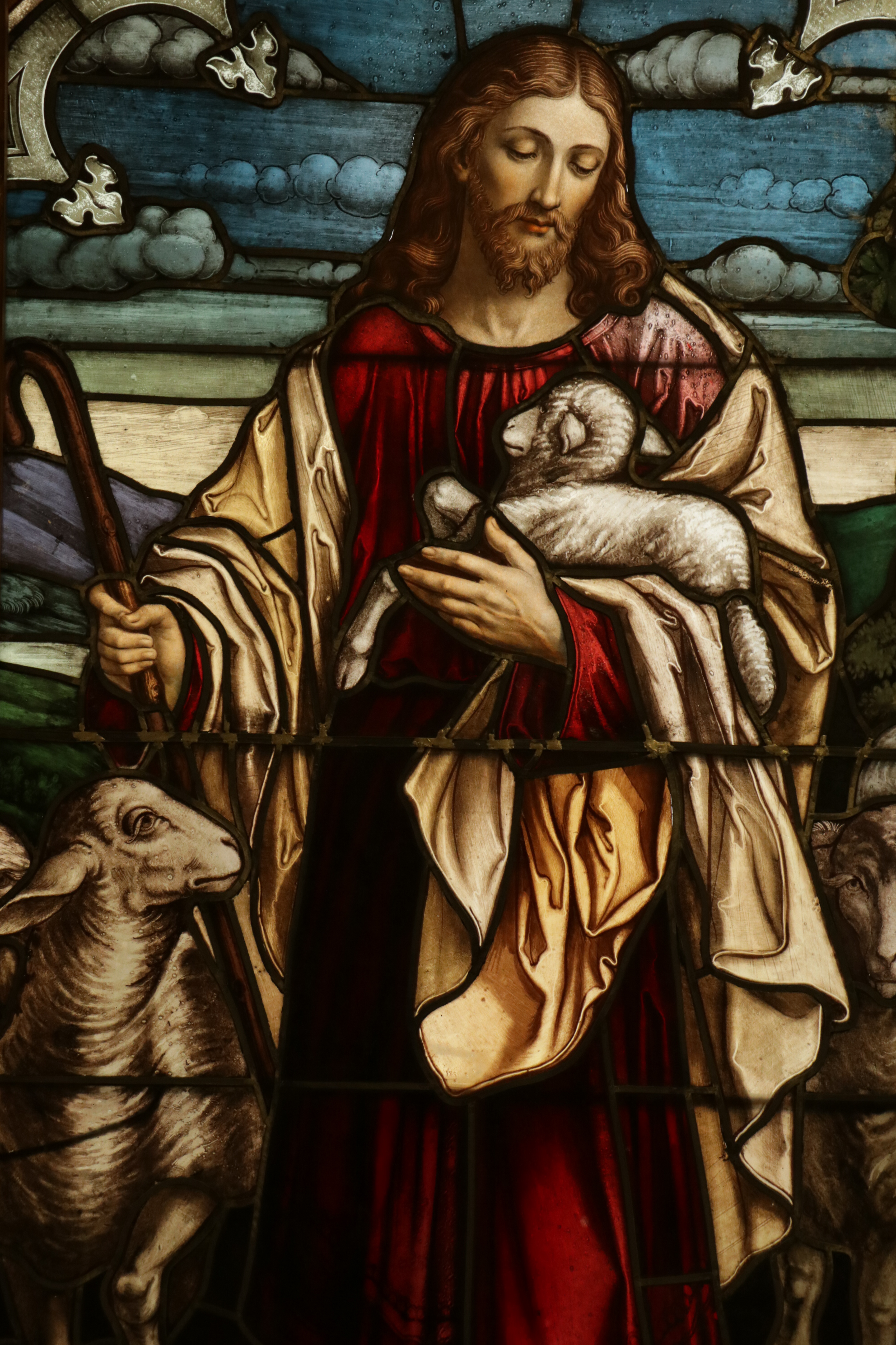 Stained Glass Window Panel Depicting Christ as the Good Shepherd, Early 20th C