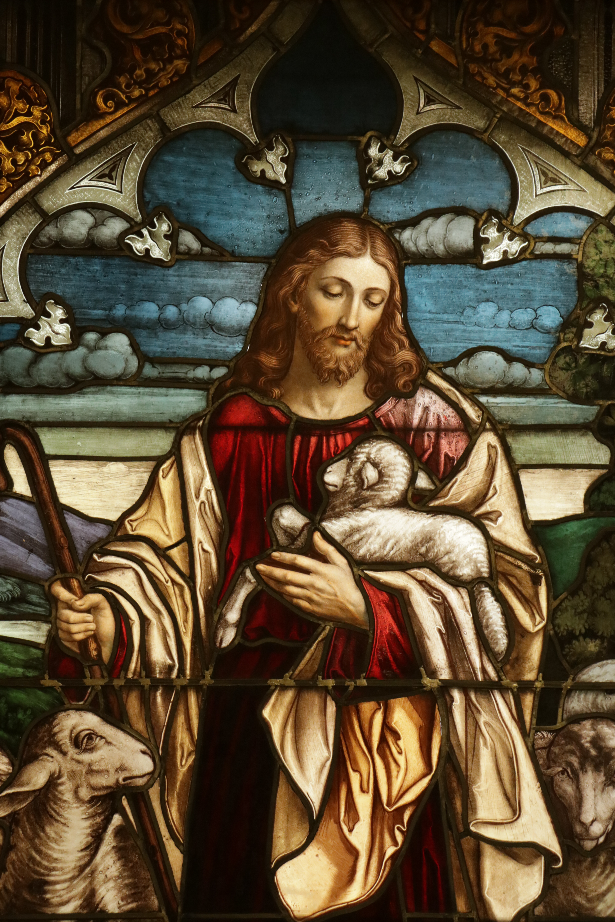 Stained Glass Window Panel Depicting Christ as the Good Shepherd, Early 20th C