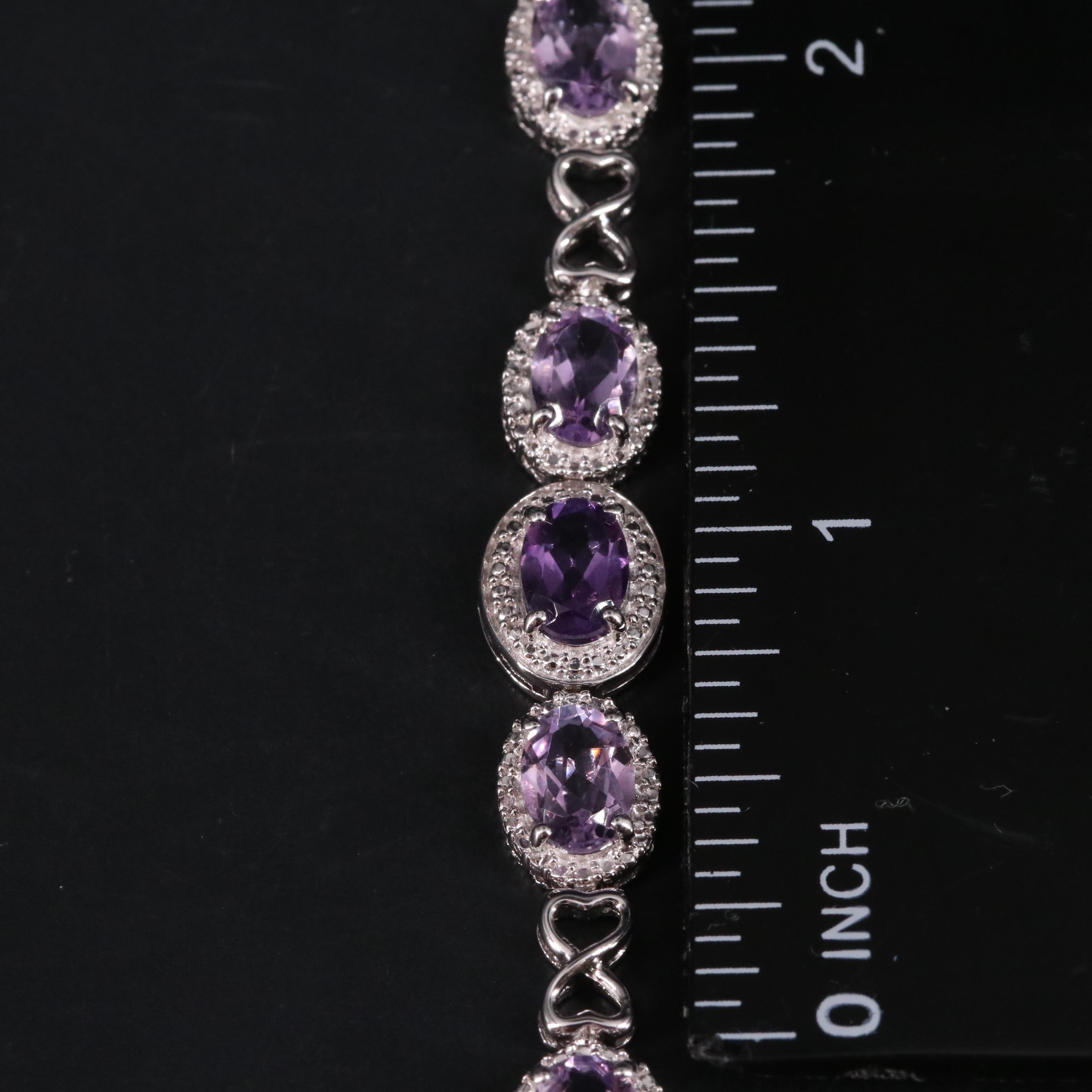 Sterling Silver Amethyst and Diamond Line Bracelet
