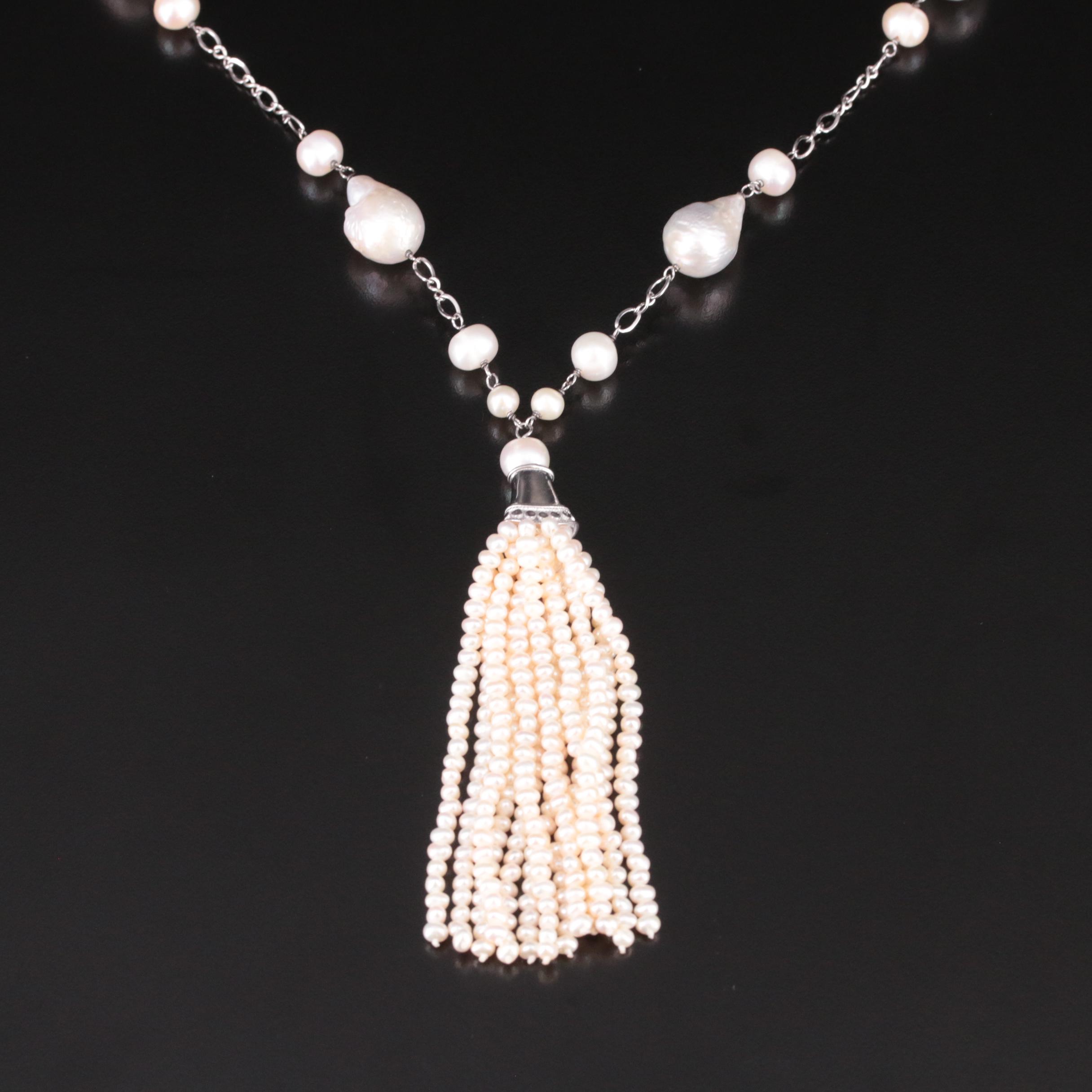 Sterling and Pearl Y Necklace with Tassel Drop
