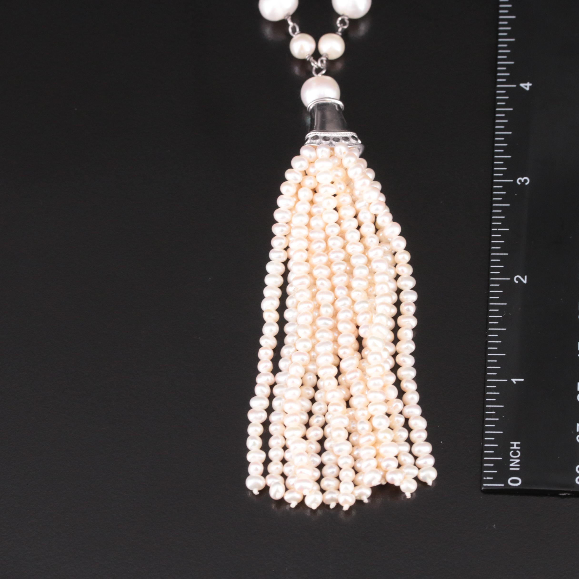 Sterling and Pearl Y Necklace with Tassel Drop