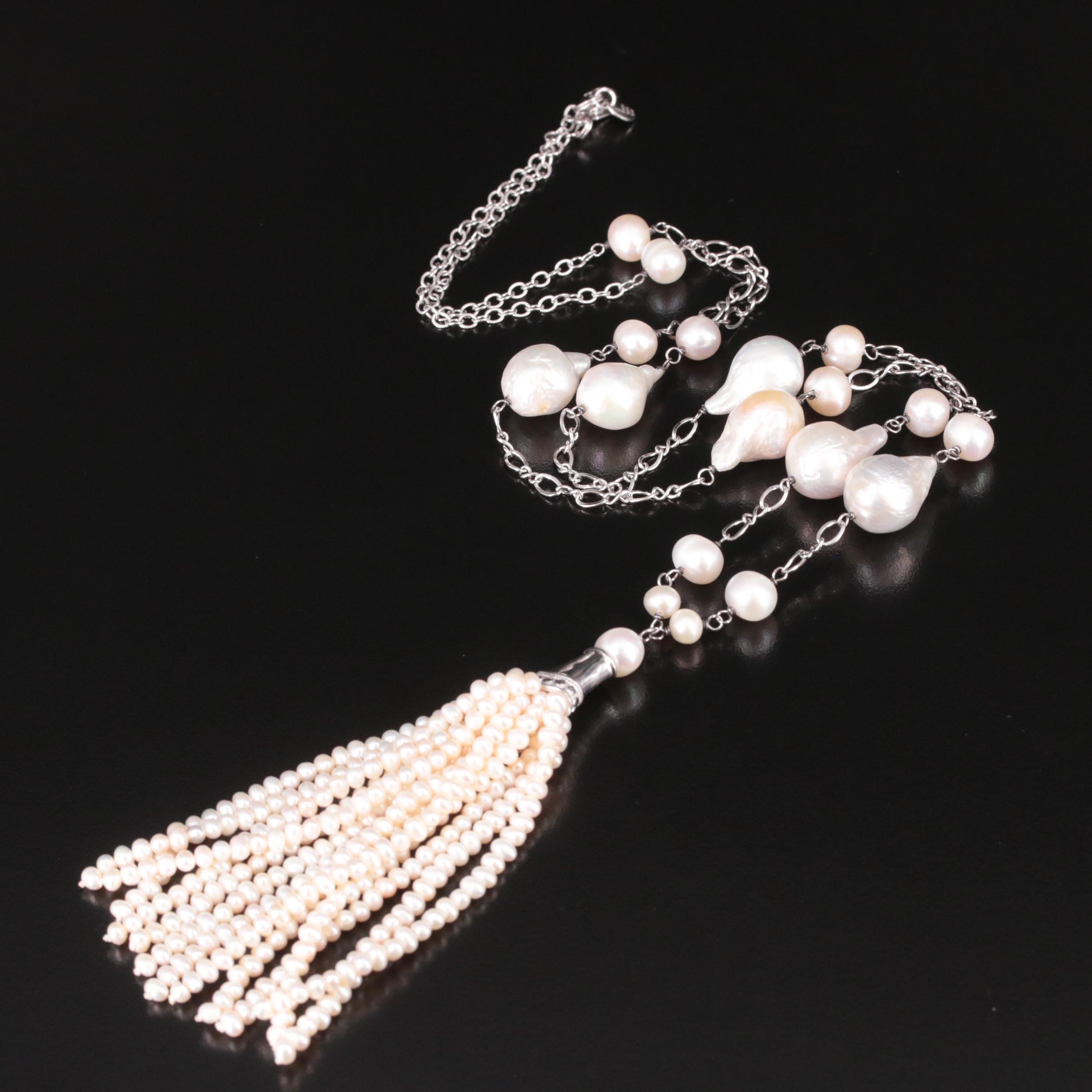 Sterling and Pearl Y Necklace with Tassel Drop