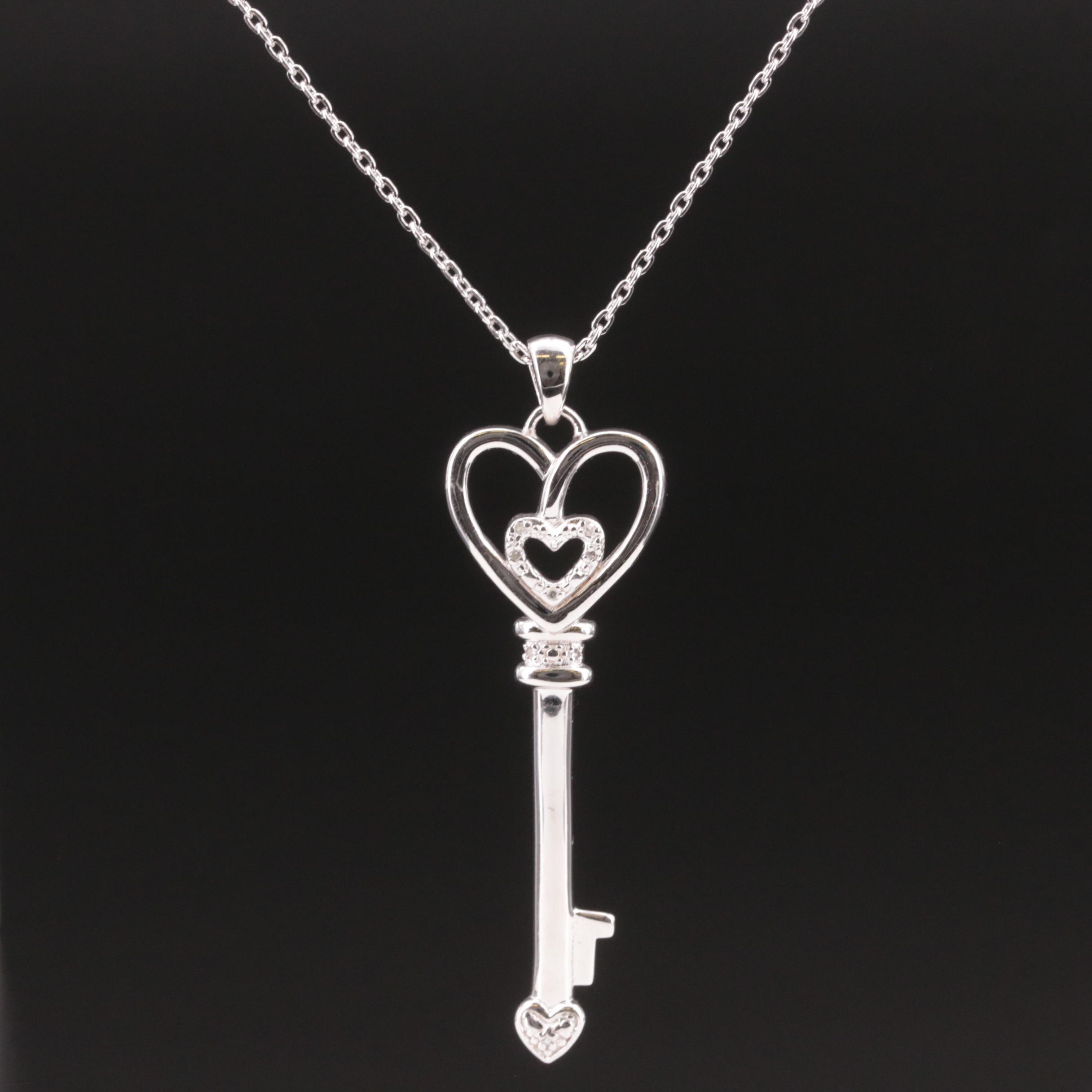 Sterling Diamond Heart Key Pendant Necklace