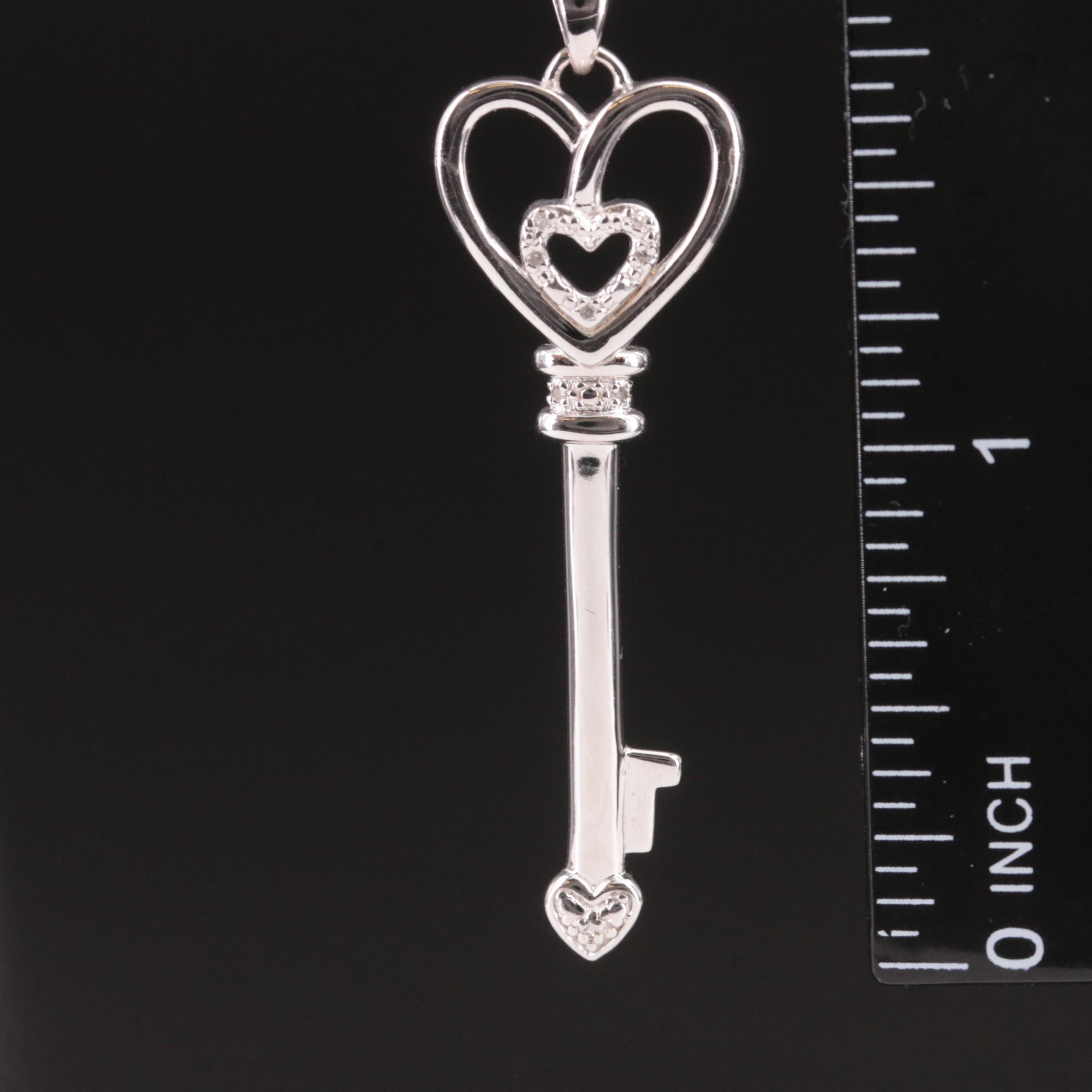 Sterling Diamond Heart Key Pendant Necklace