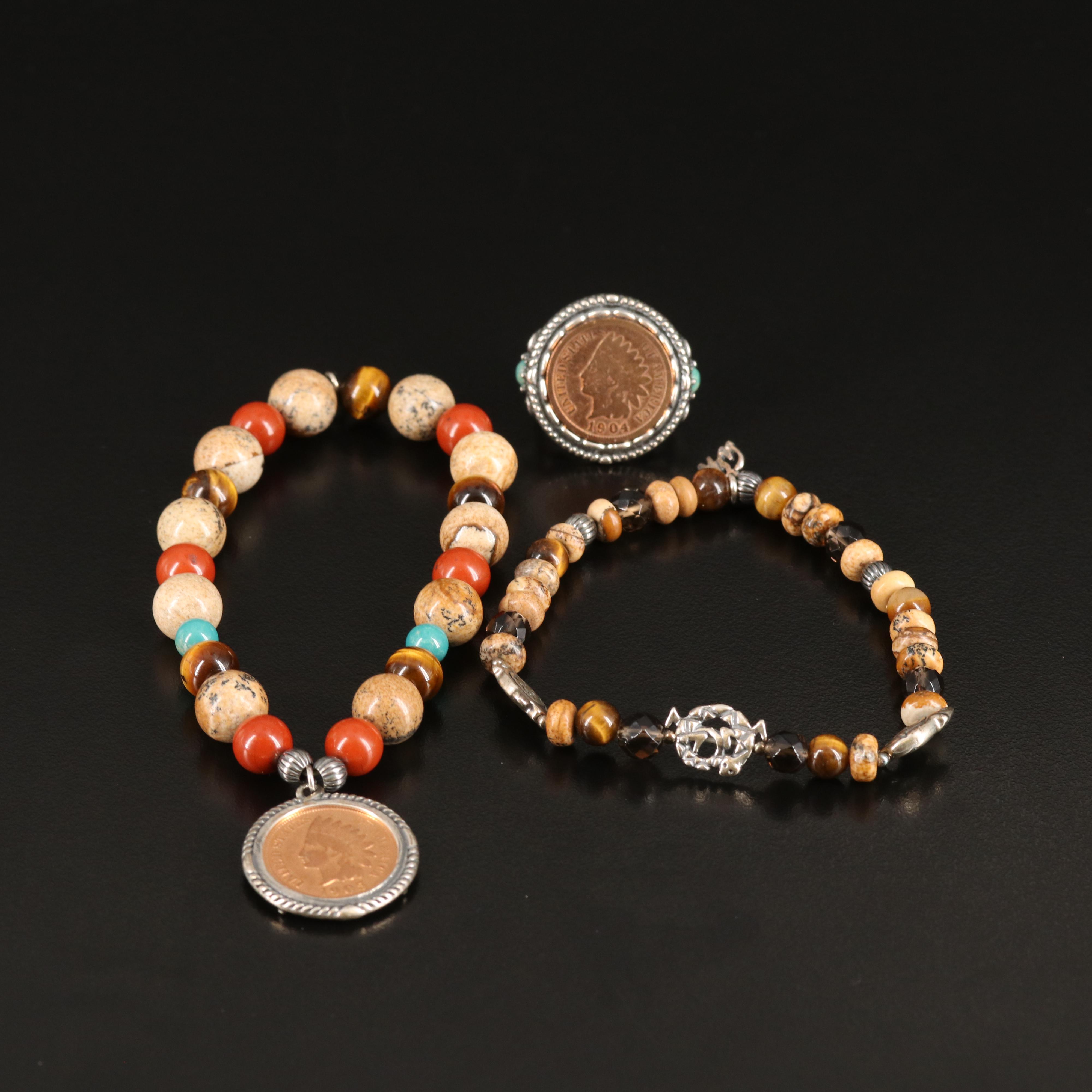 Relios Turquoise, Tiger's Eye and Red Jasper Ring and Bracelets in Sterling