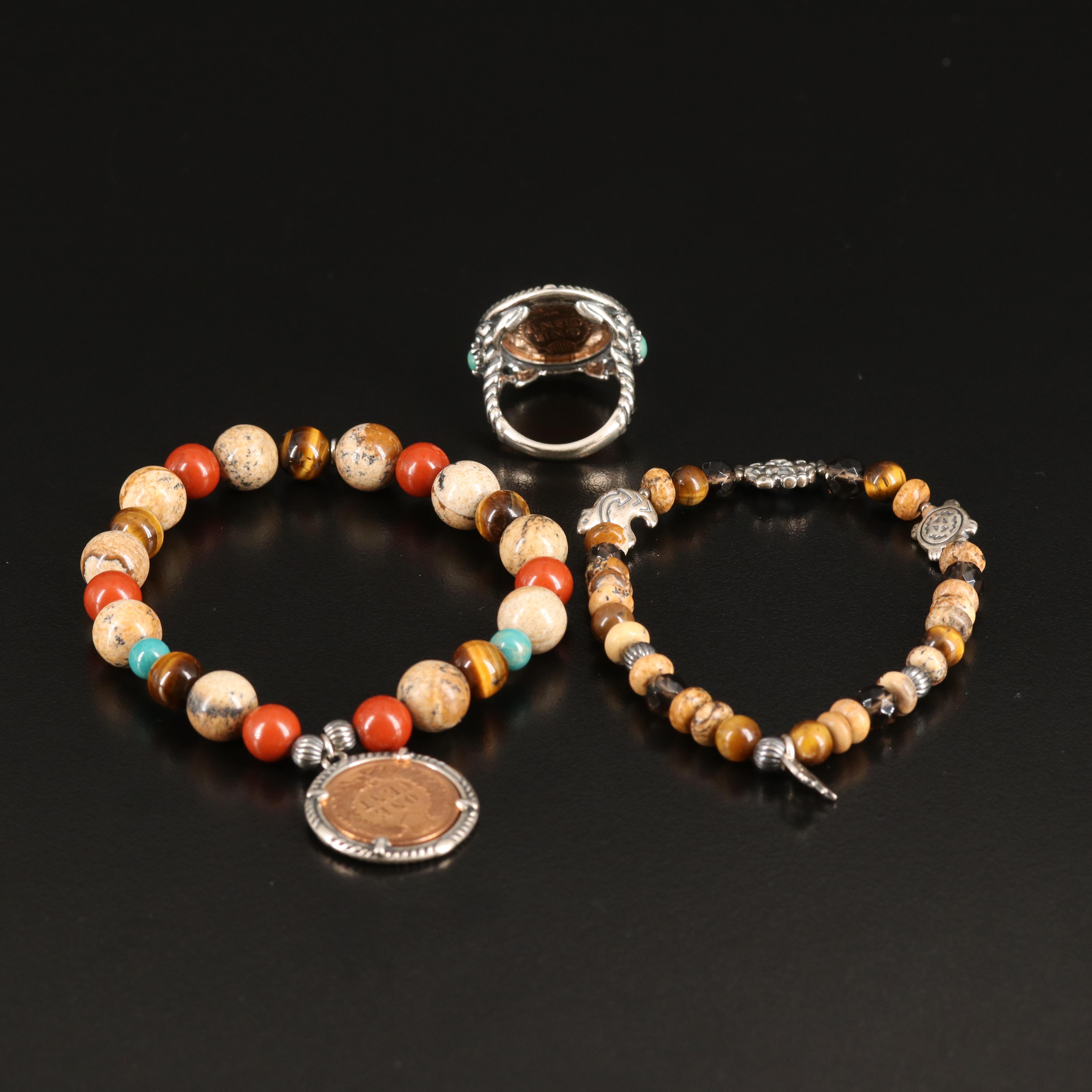 Relios Turquoise, Tiger's Eye and Red Jasper Ring and Bracelets in Sterling