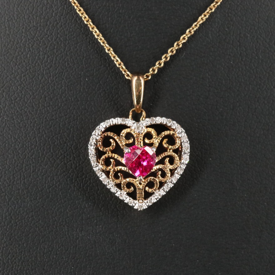 Sterling Silver Ruby and Diamond Heart Necklace