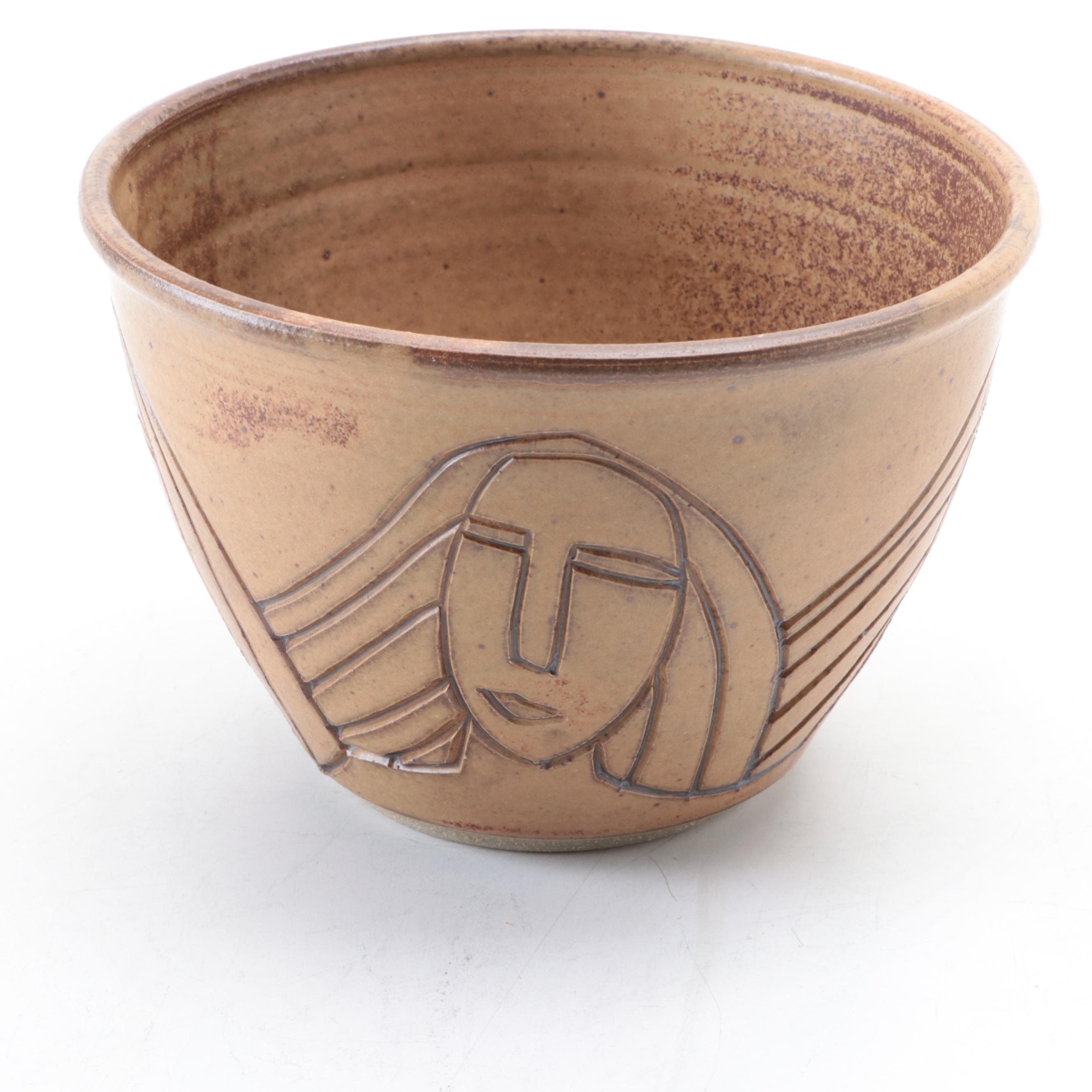 Artist Signed Salt Glazed Stoneware Carved Bowl