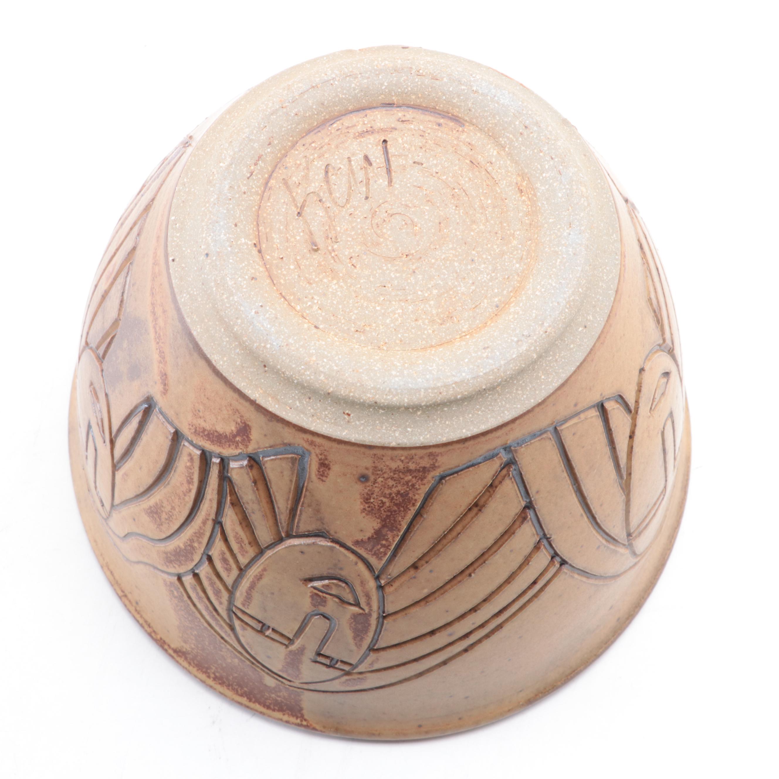 Artist Signed Salt Glazed Stoneware Carved Bowl