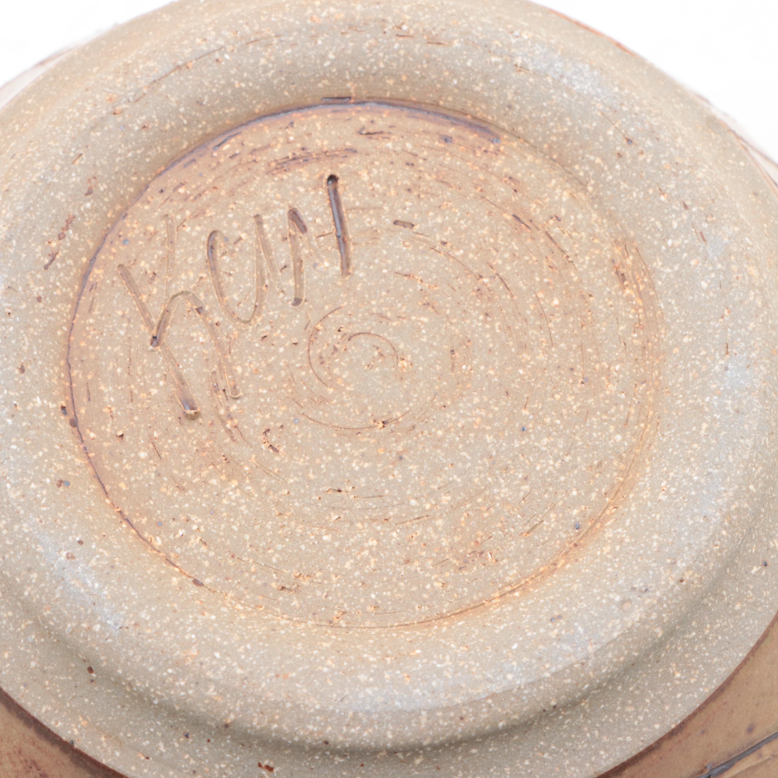 Artist Signed Salt Glazed Stoneware Carved Bowl