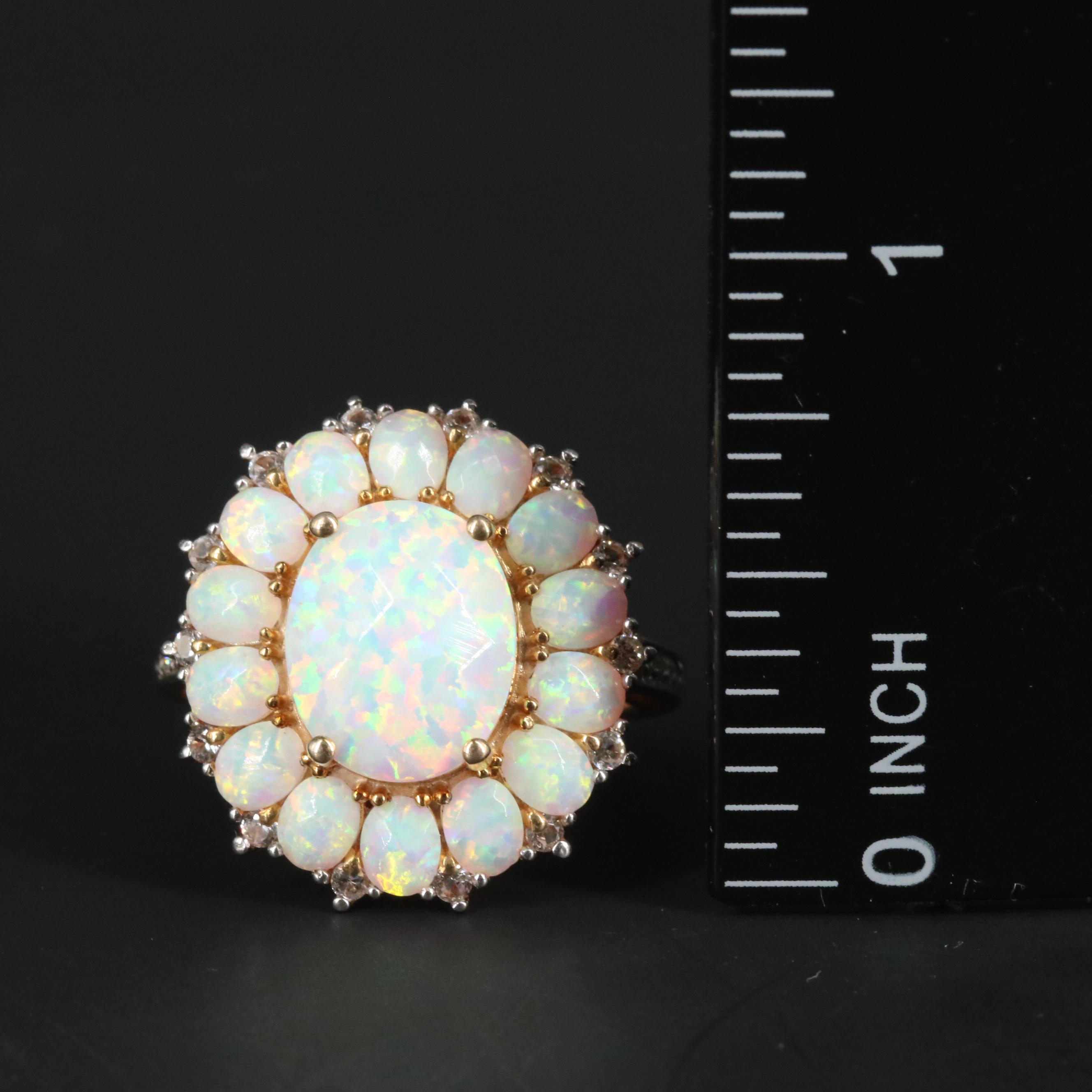 Sterling Silver Opal, Sapphire, and Diamond Ring