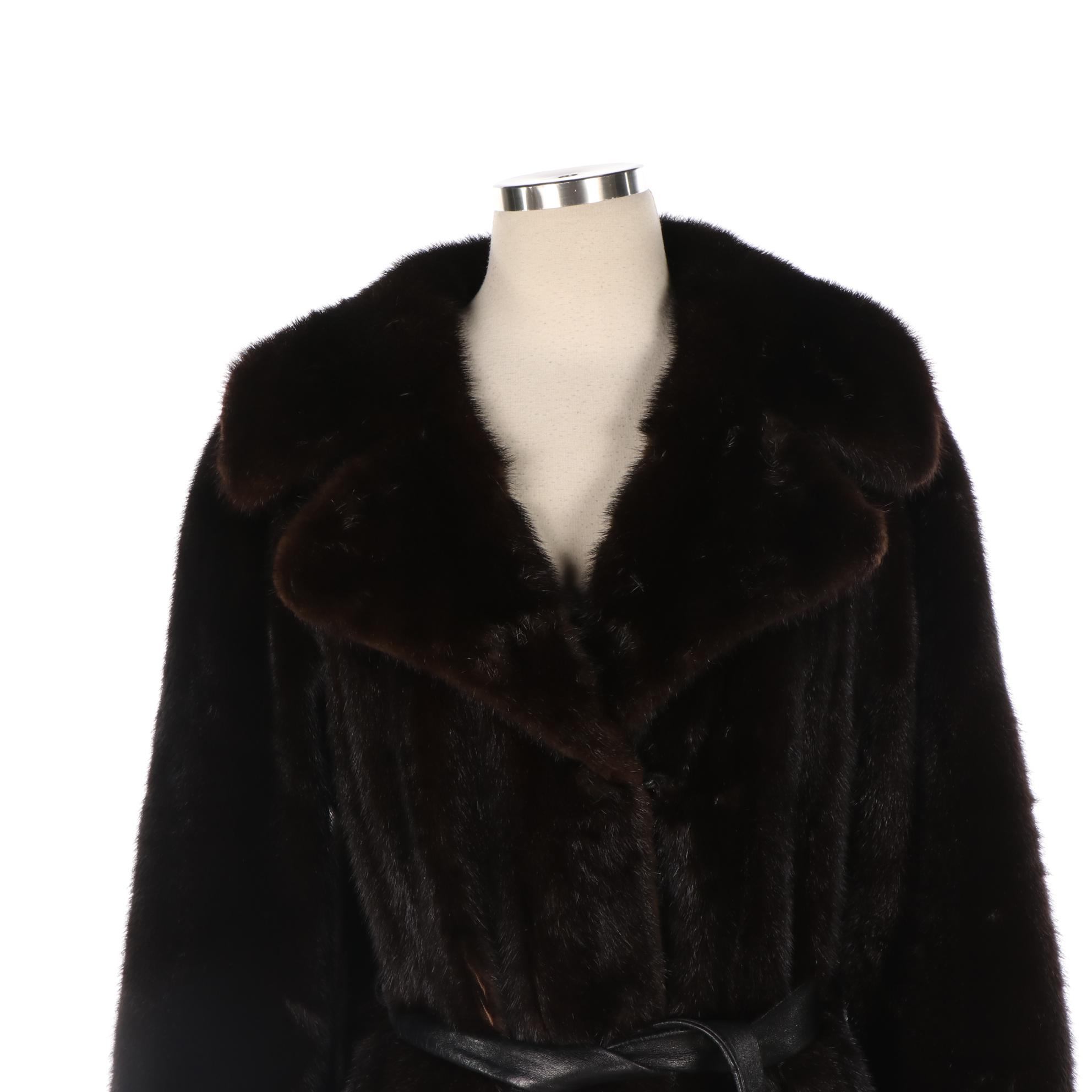 Dark Ranch Brown Mink Fur Coat with Tie Belt and Notch Collar