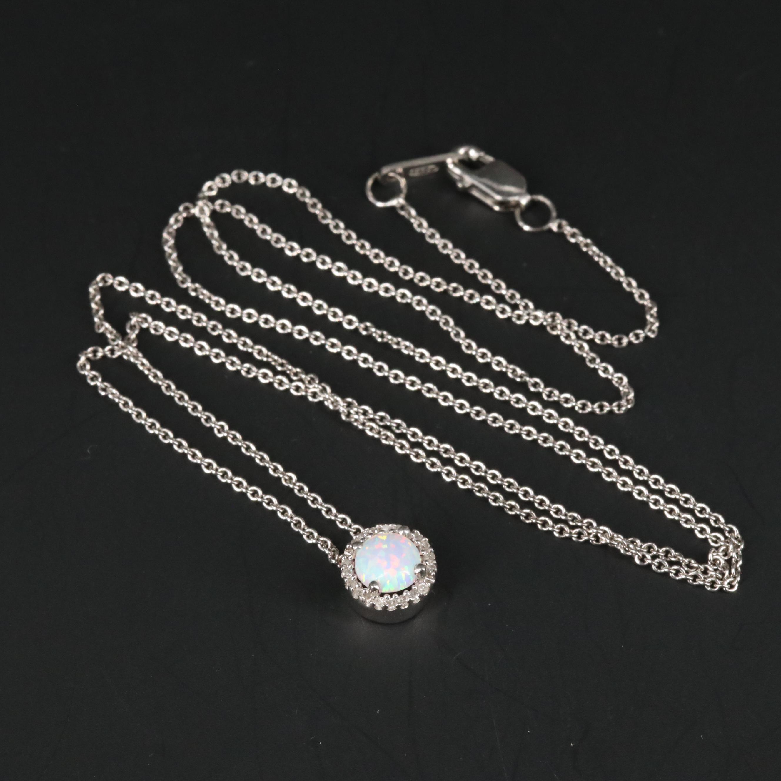 Sterling Silver Opal and Diamond Pendant Necklace