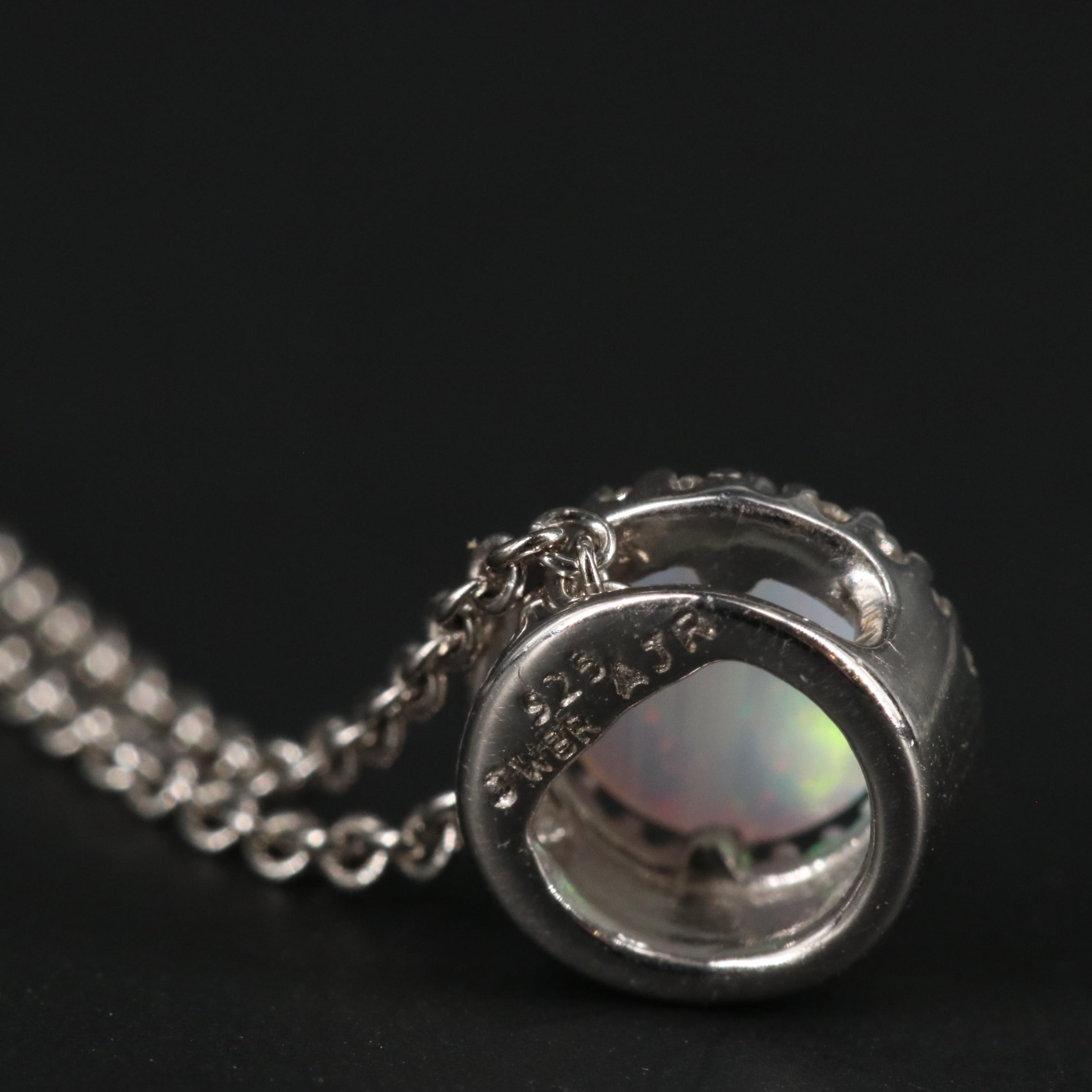 Sterling Silver Opal and Diamond Pendant Necklace
