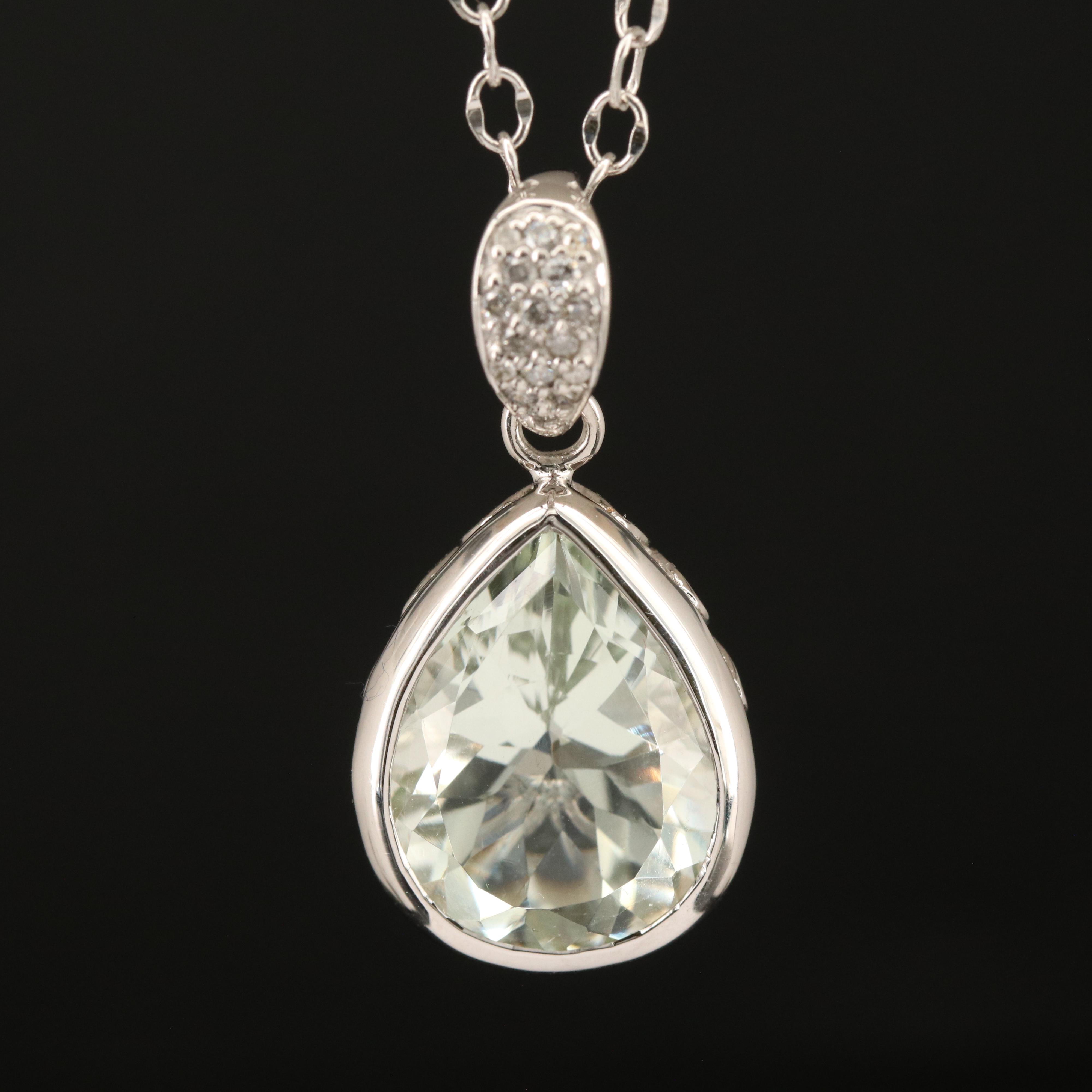 Sterling Prasiolite and Diamond Teardrop Pendant Necklace