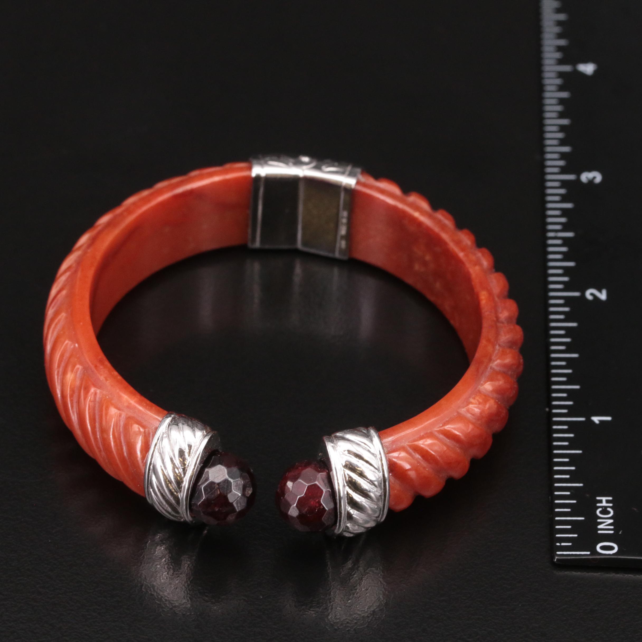 Sterling Carved Jadeite and Black Onyx Hinged Cuff with Rhodolite Garnet