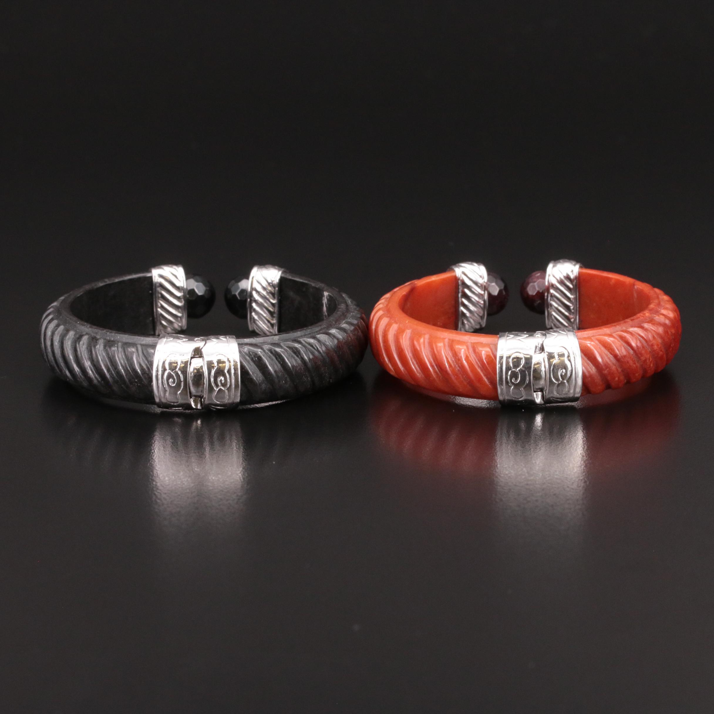 Sterling Carved Jadeite and Black Onyx Hinged Cuff with Rhodolite Garnet