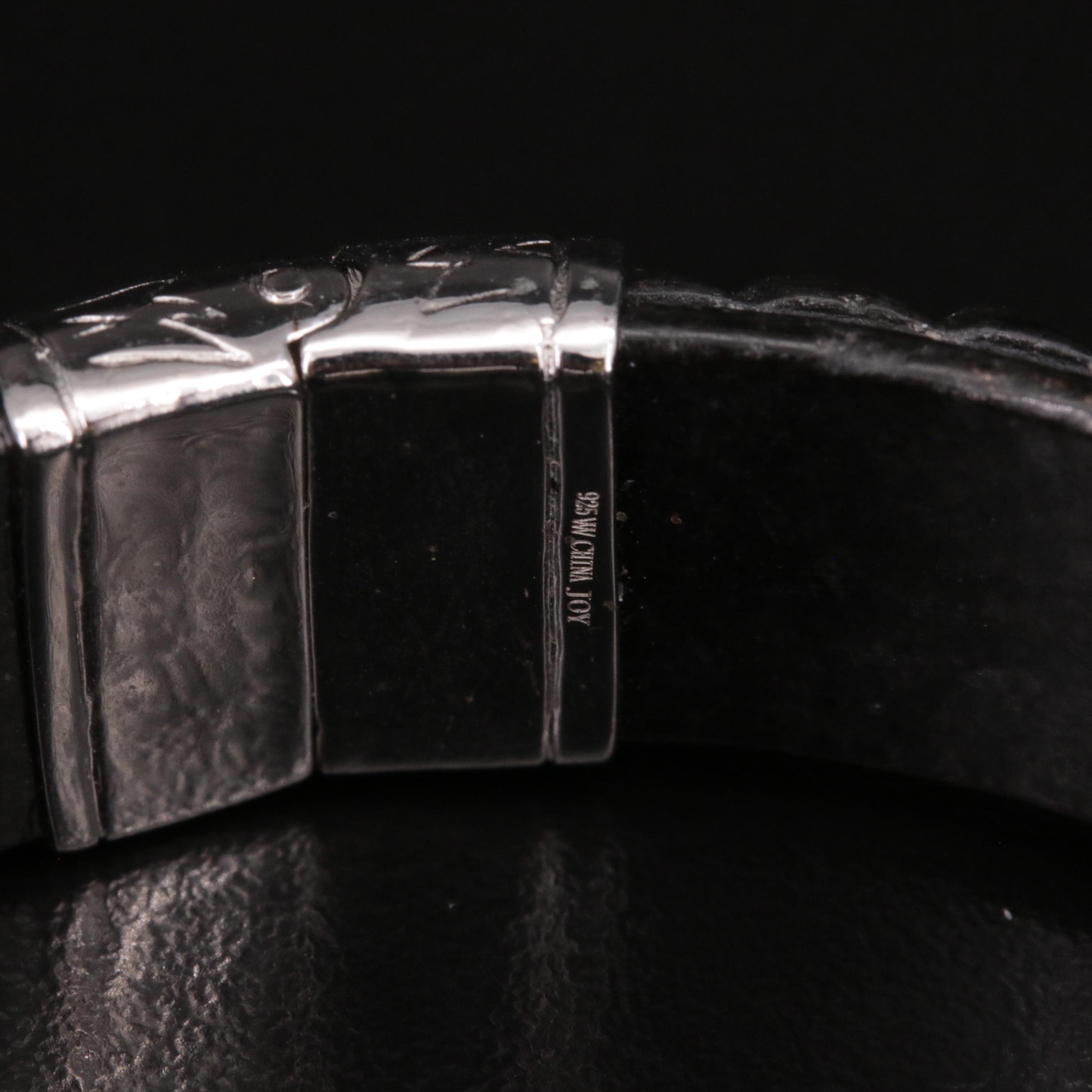 Sterling Carved Jadeite and Black Onyx Hinged Cuff with Rhodolite Garnet