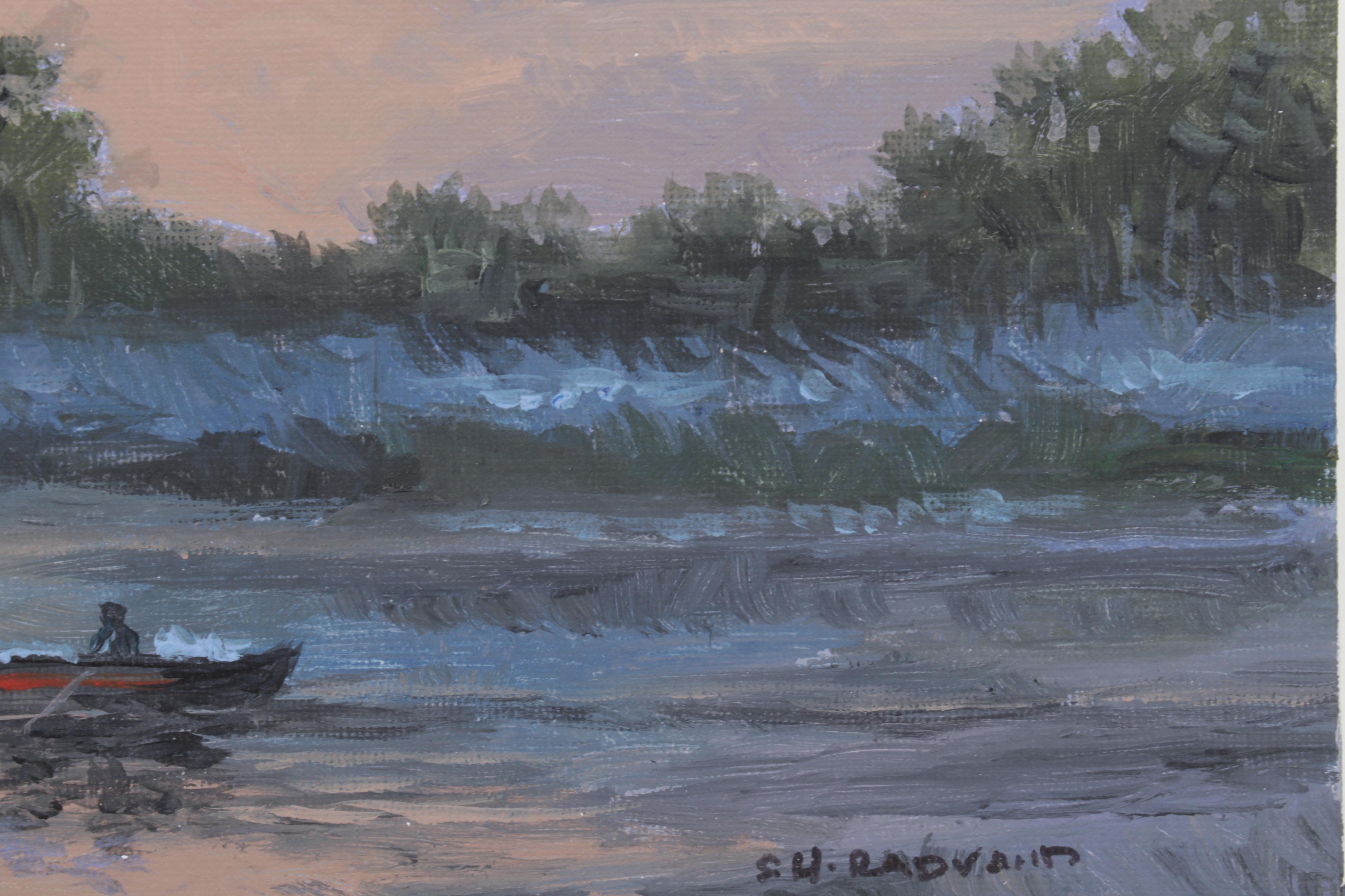 Sulmaz Radvand Oil Painting of Rowboat on Lake at Dusk, 2022
