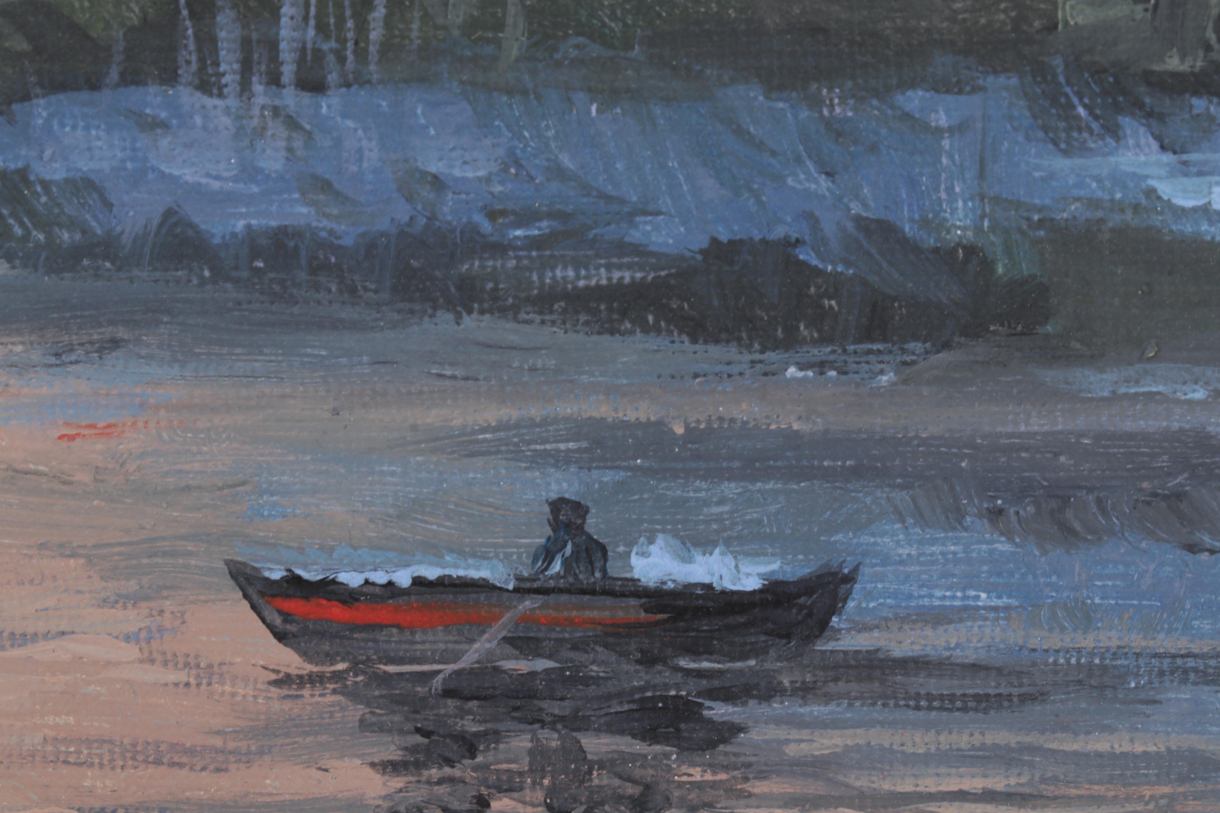 Sulmaz Radvand Oil Painting of Rowboat on Lake at Dusk, 2022