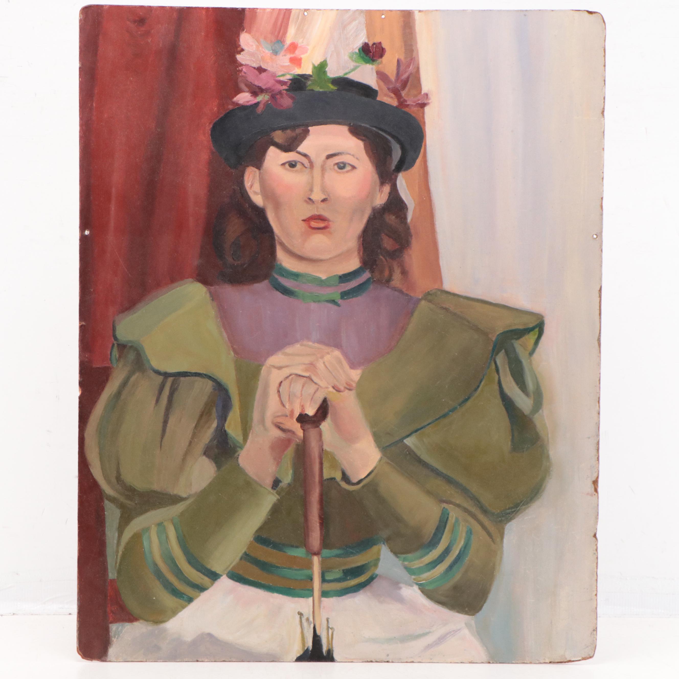 Folk Art Portrait Oil Painting of Woman in Green Dress Wearing Floral Hat