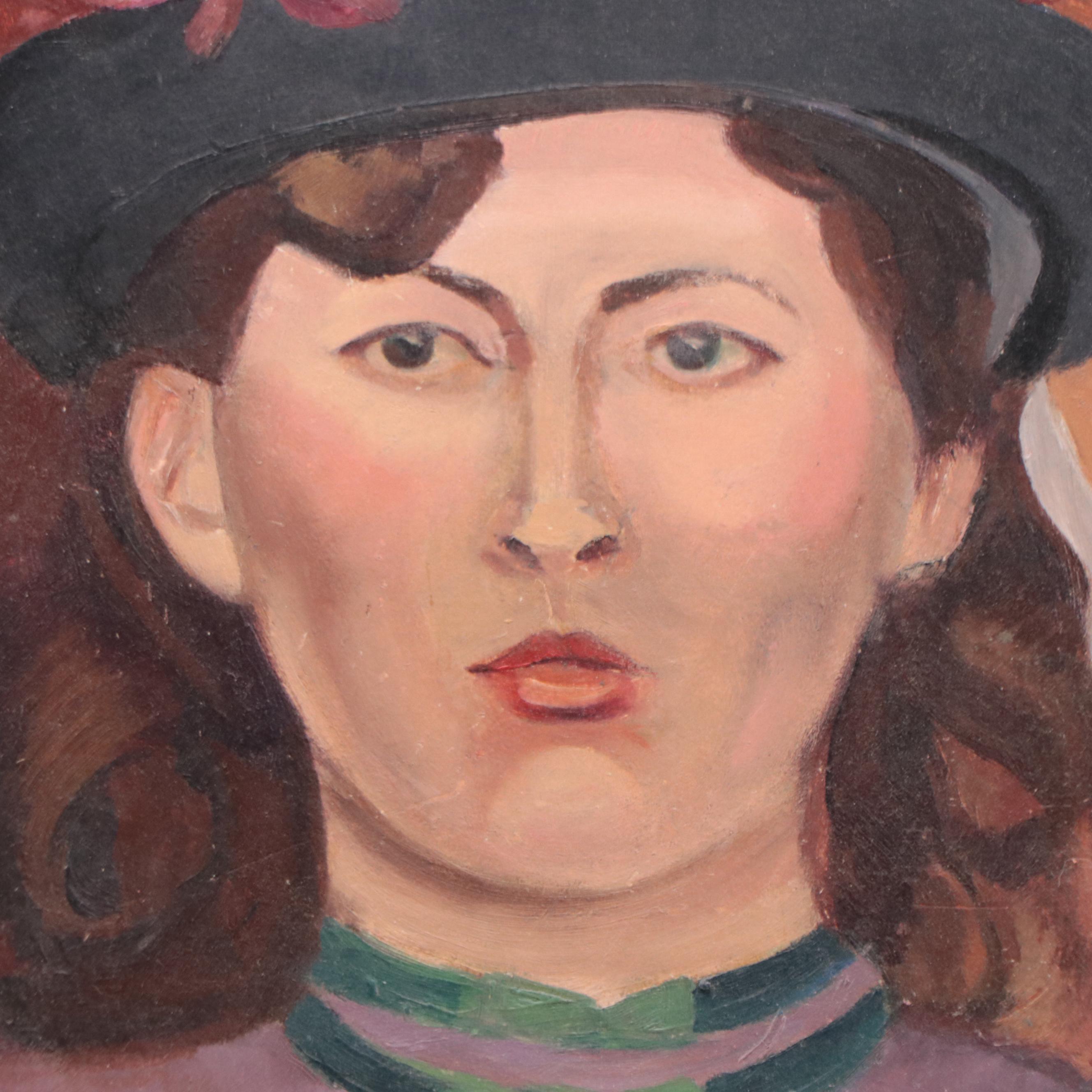 Folk Art Portrait Oil Painting of Woman in Green Dress Wearing Floral Hat