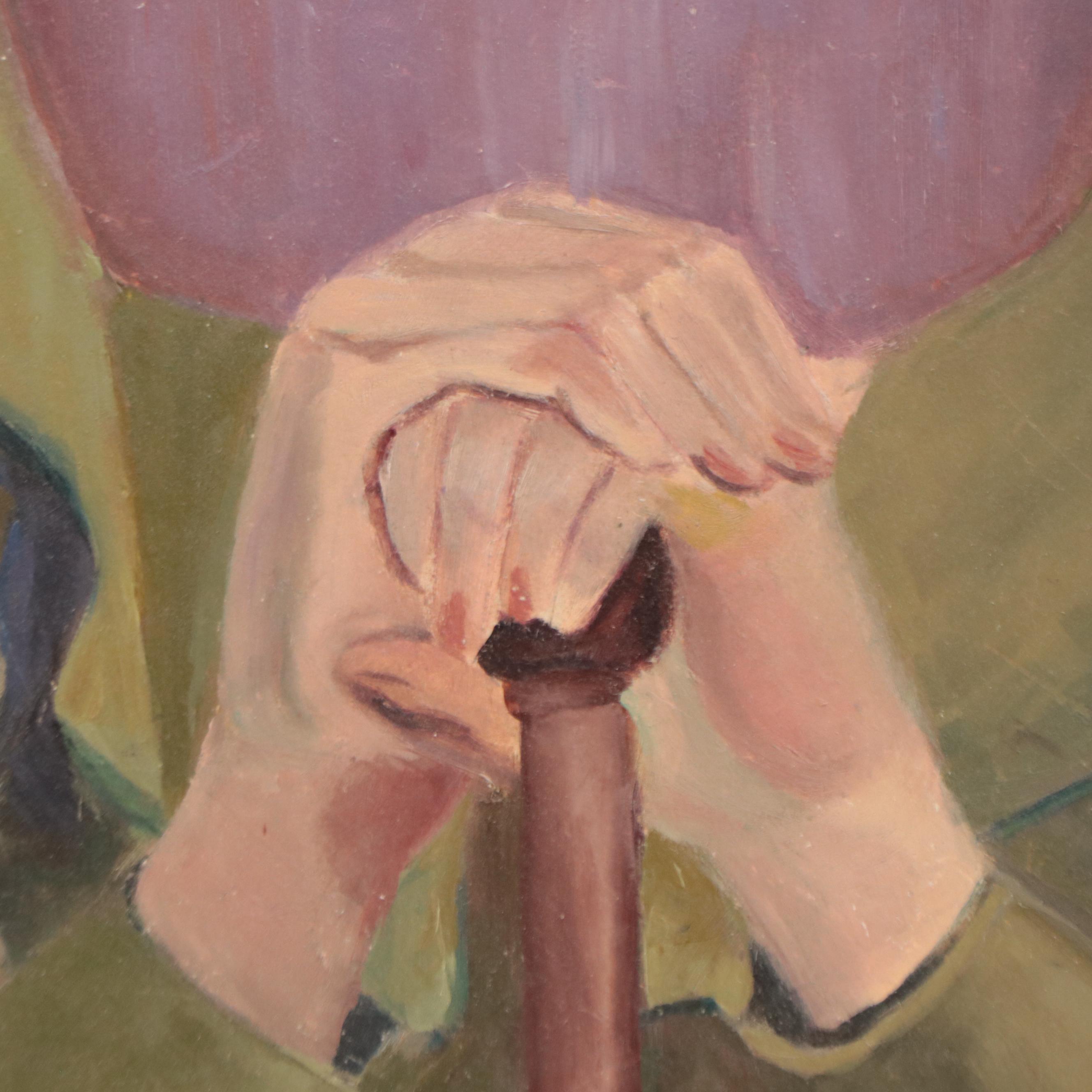 Folk Art Portrait Oil Painting of Woman in Green Dress Wearing Floral Hat