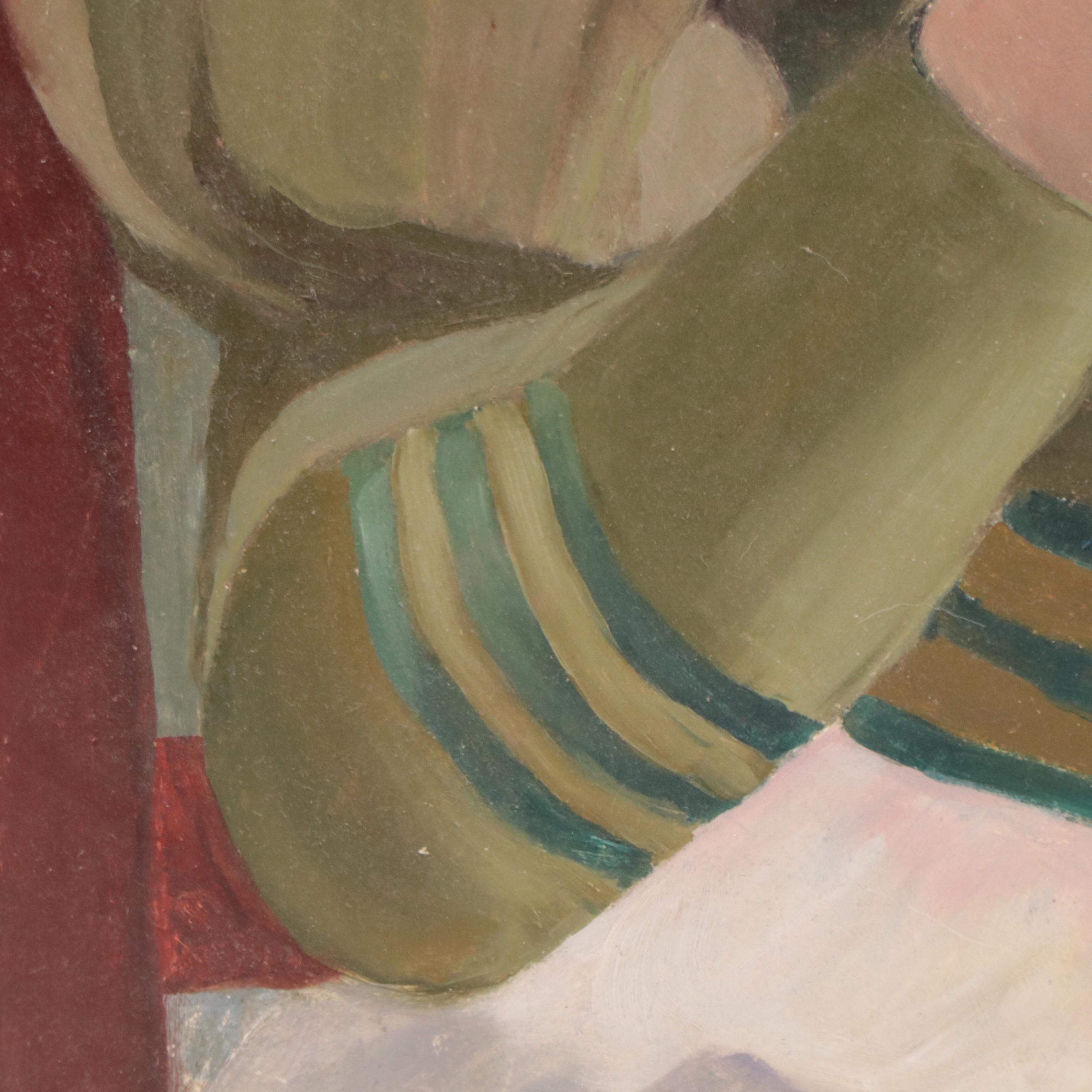 Folk Art Portrait Oil Painting of Woman in Green Dress Wearing Floral Hat