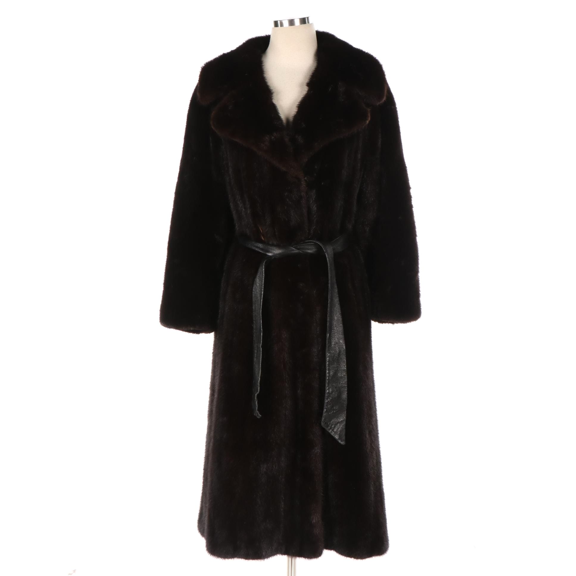 Dark Ranch Brown Mink Fur Coat with Tie Belt and Notch Collar