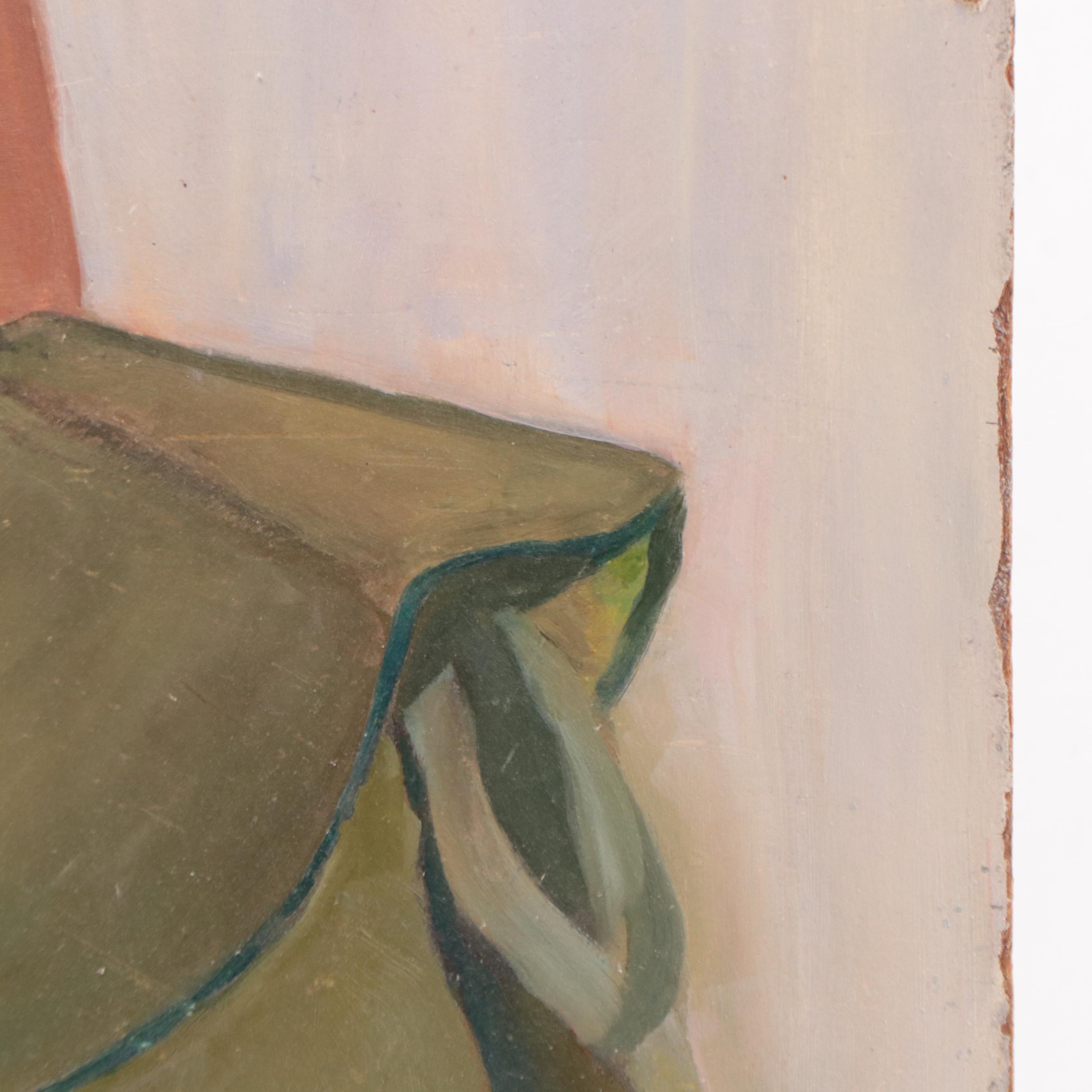 Folk Art Portrait Oil Painting of Woman in Green Dress Wearing Floral Hat