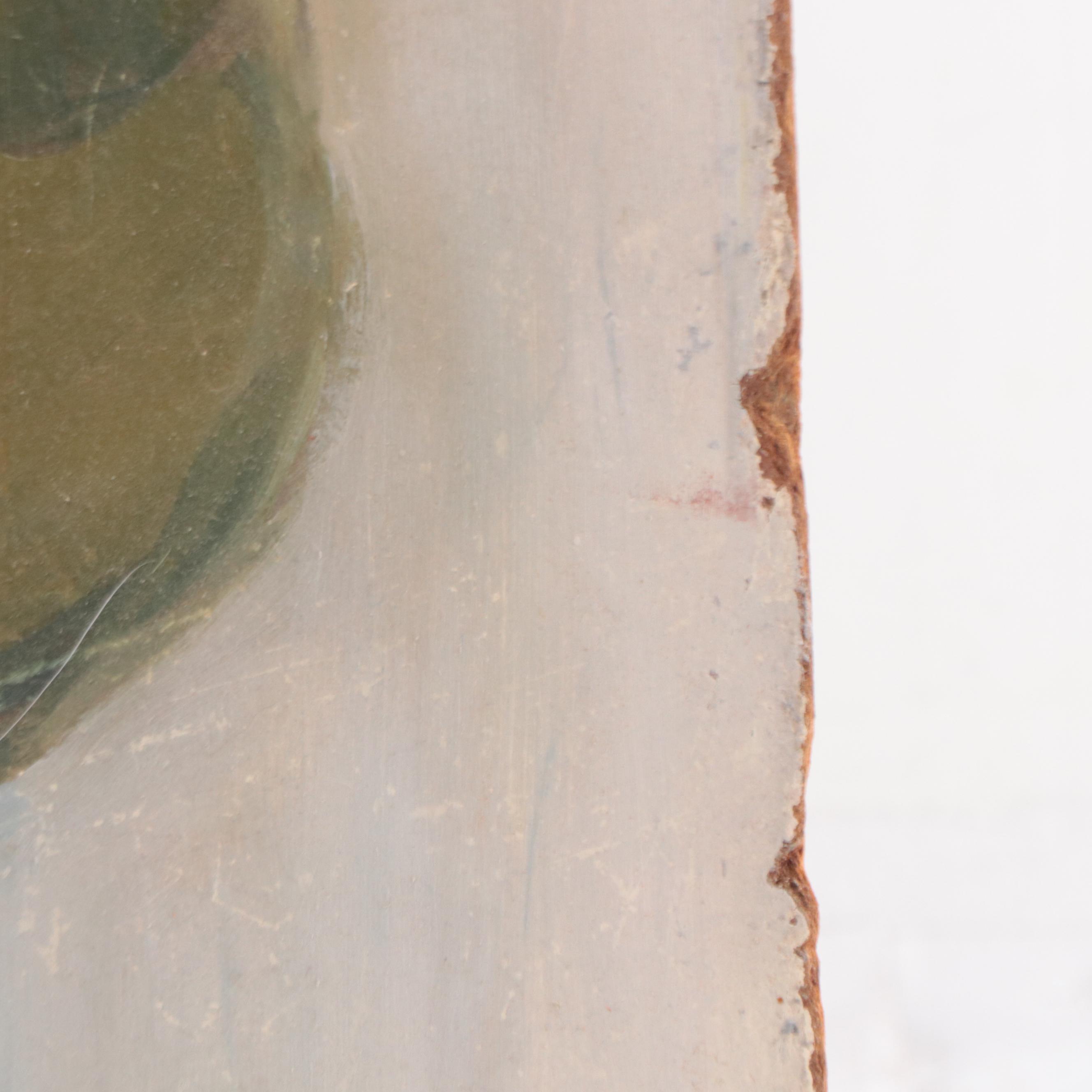 Folk Art Portrait Oil Painting of Woman in Green Dress Wearing Floral Hat