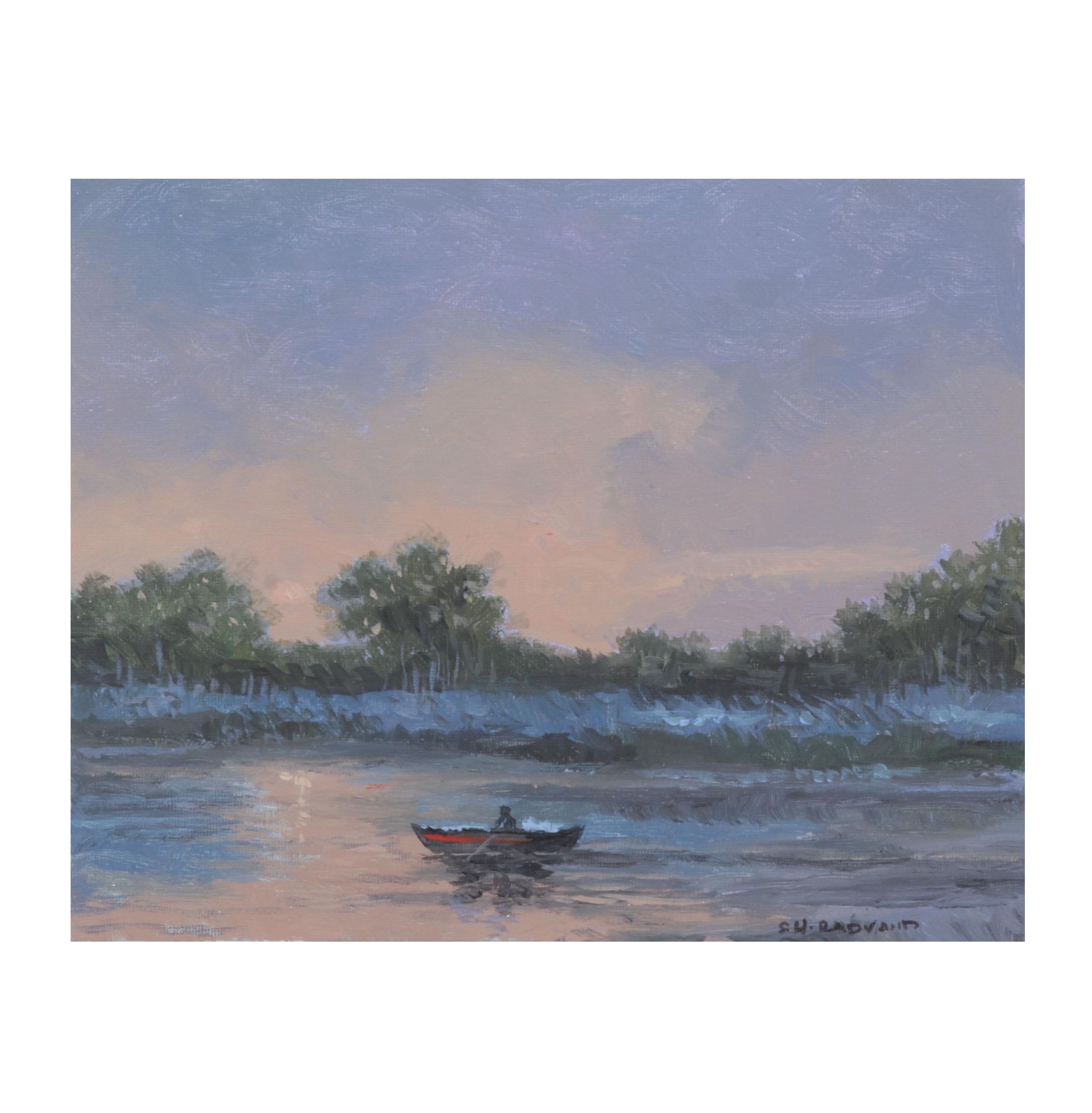 Sulmaz Radvand Oil Painting of Rowboat on Lake at Dusk, 2022