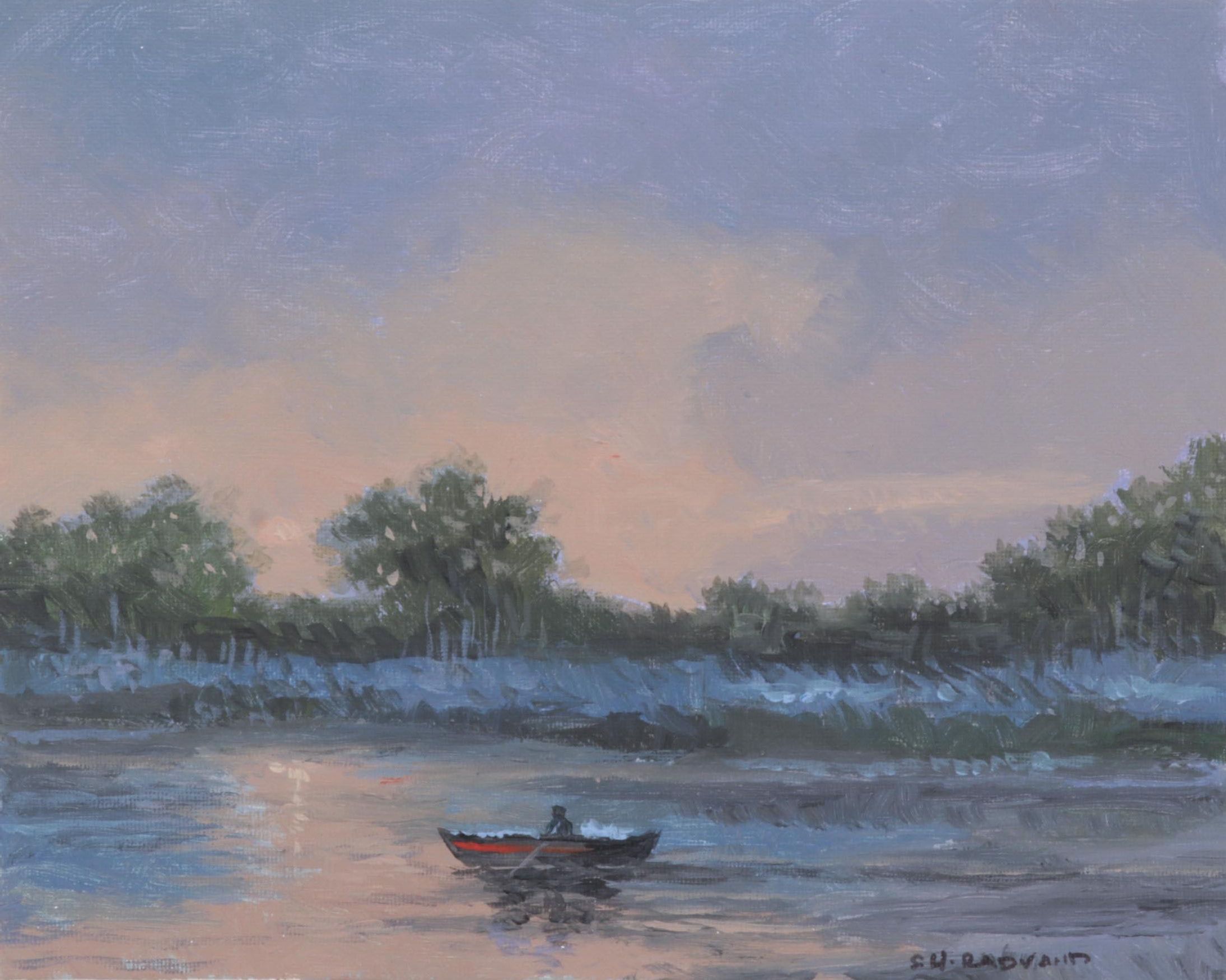 Sulmaz Radvand Oil Painting of Rowboat on Lake at Dusk, 2022