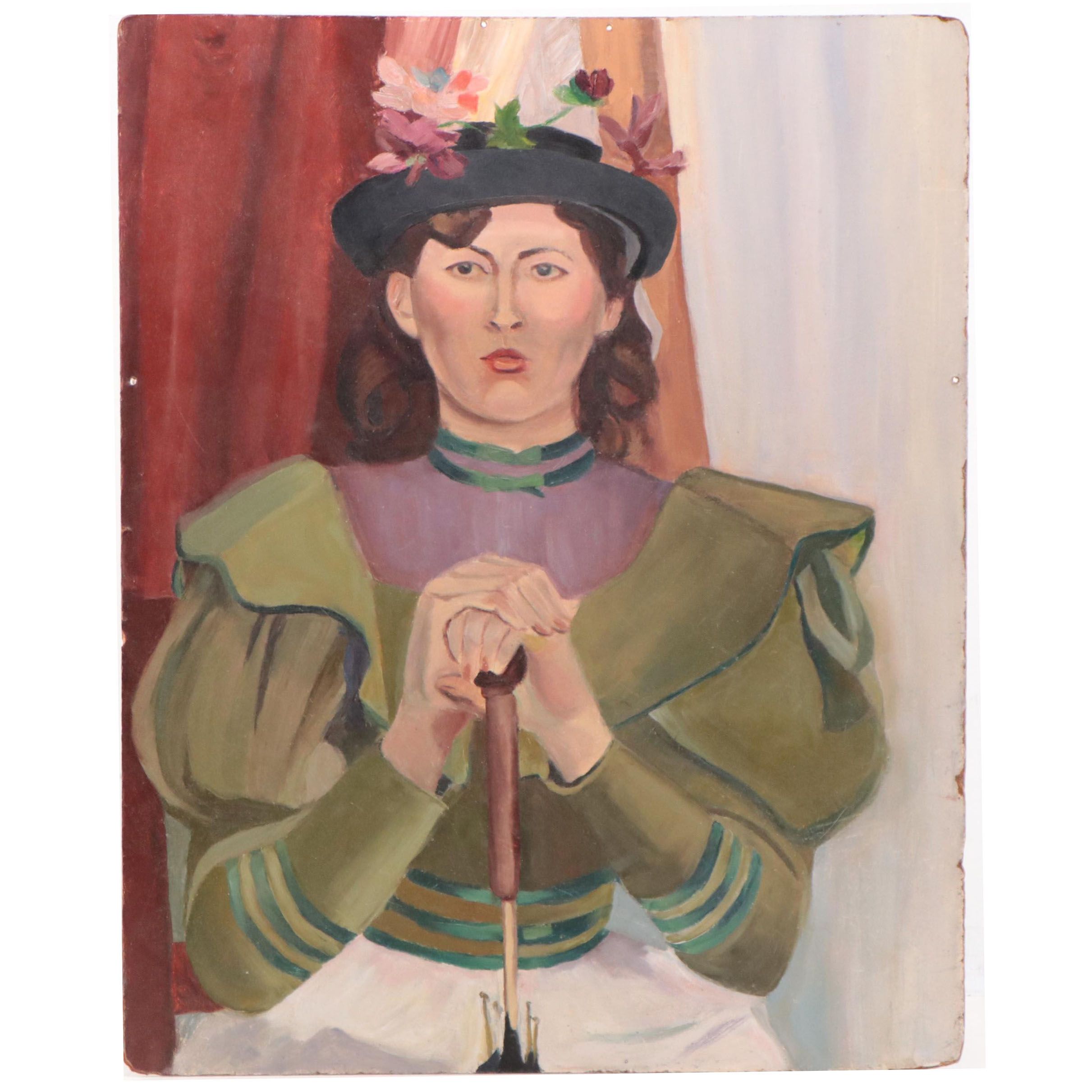 Folk Art Portrait Oil Painting of Woman in Green Dress Wearing Floral Hat