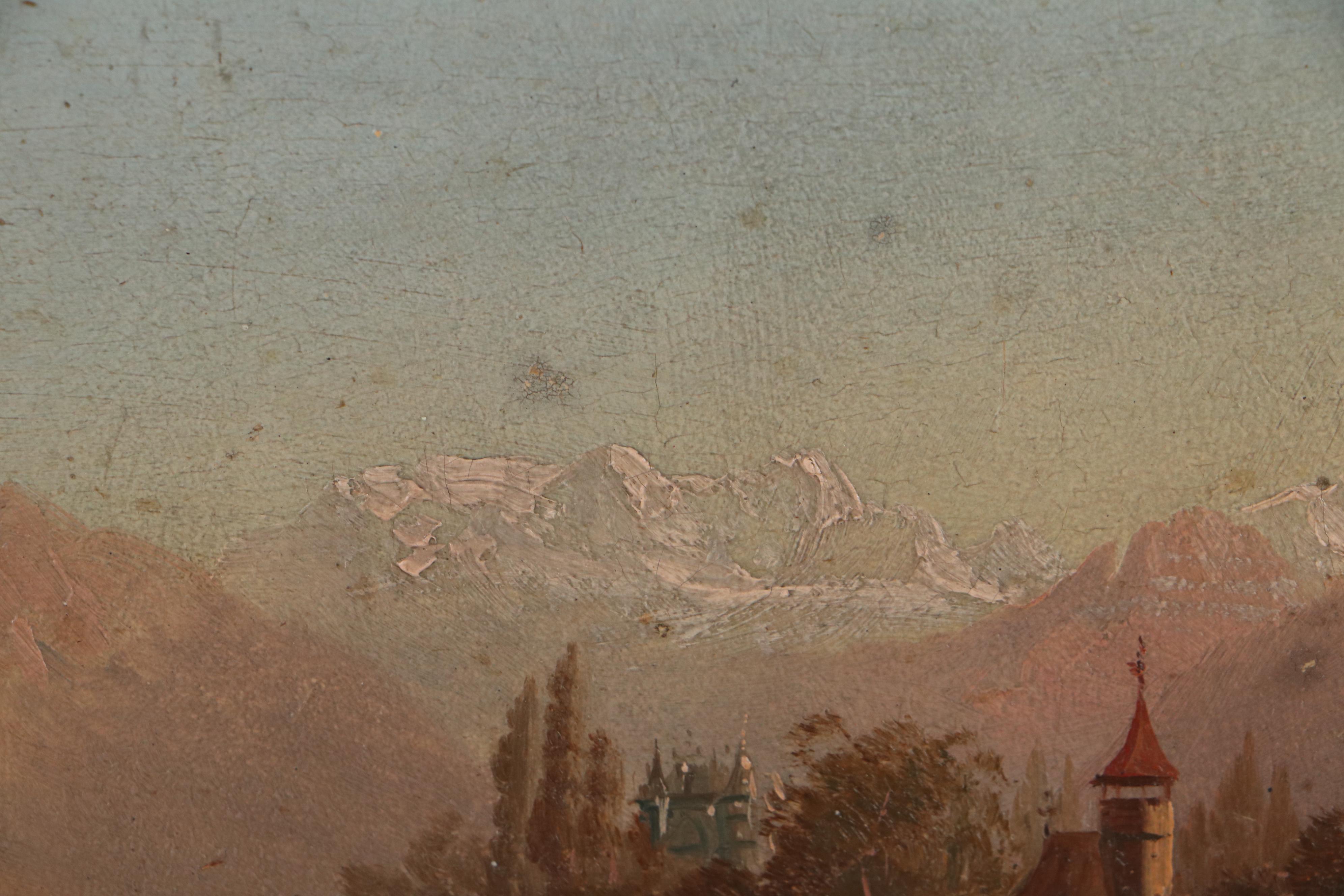 Swiss Lake Landscape Oil Painting, 19th Century