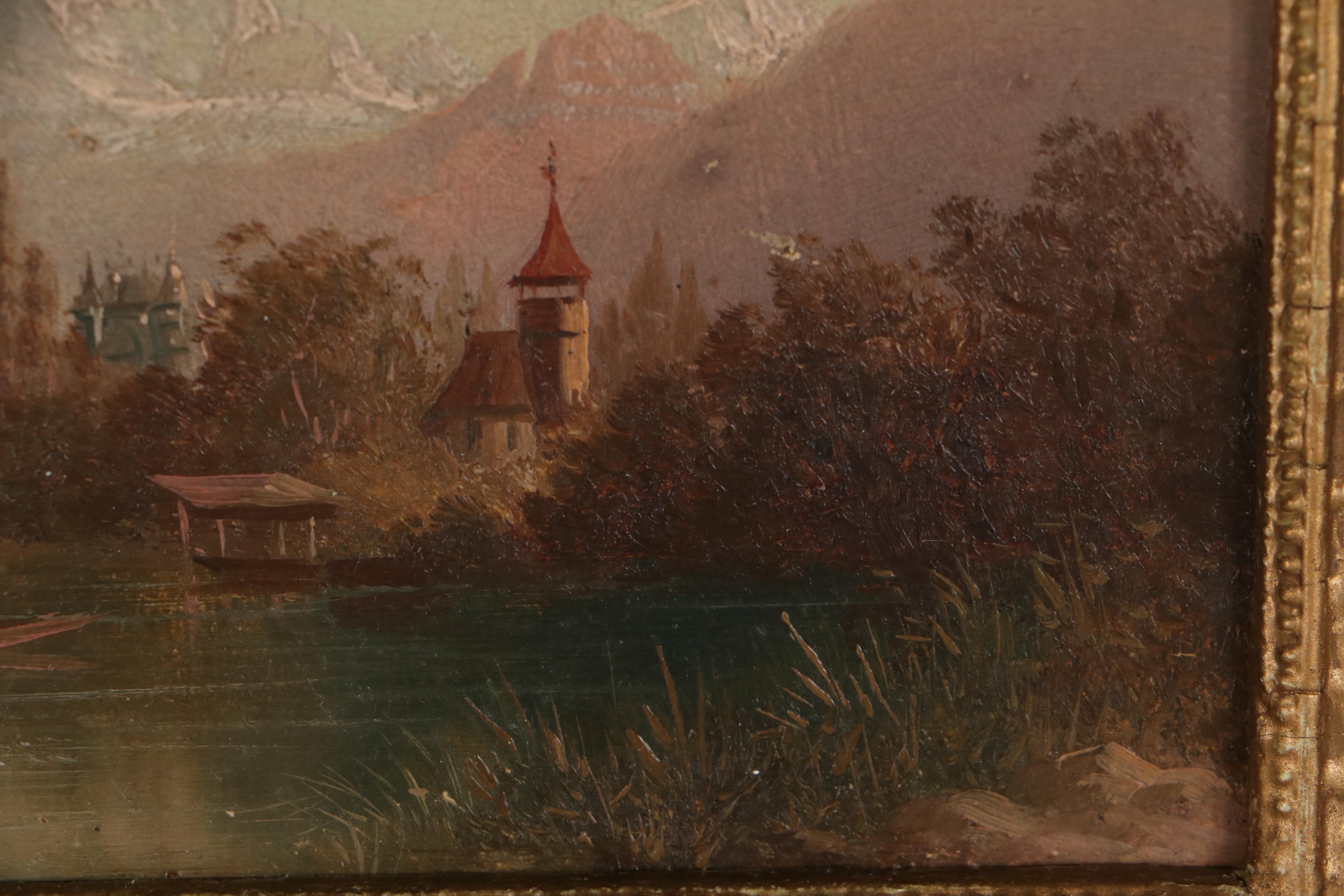 Swiss Lake Landscape Oil Painting, 19th Century