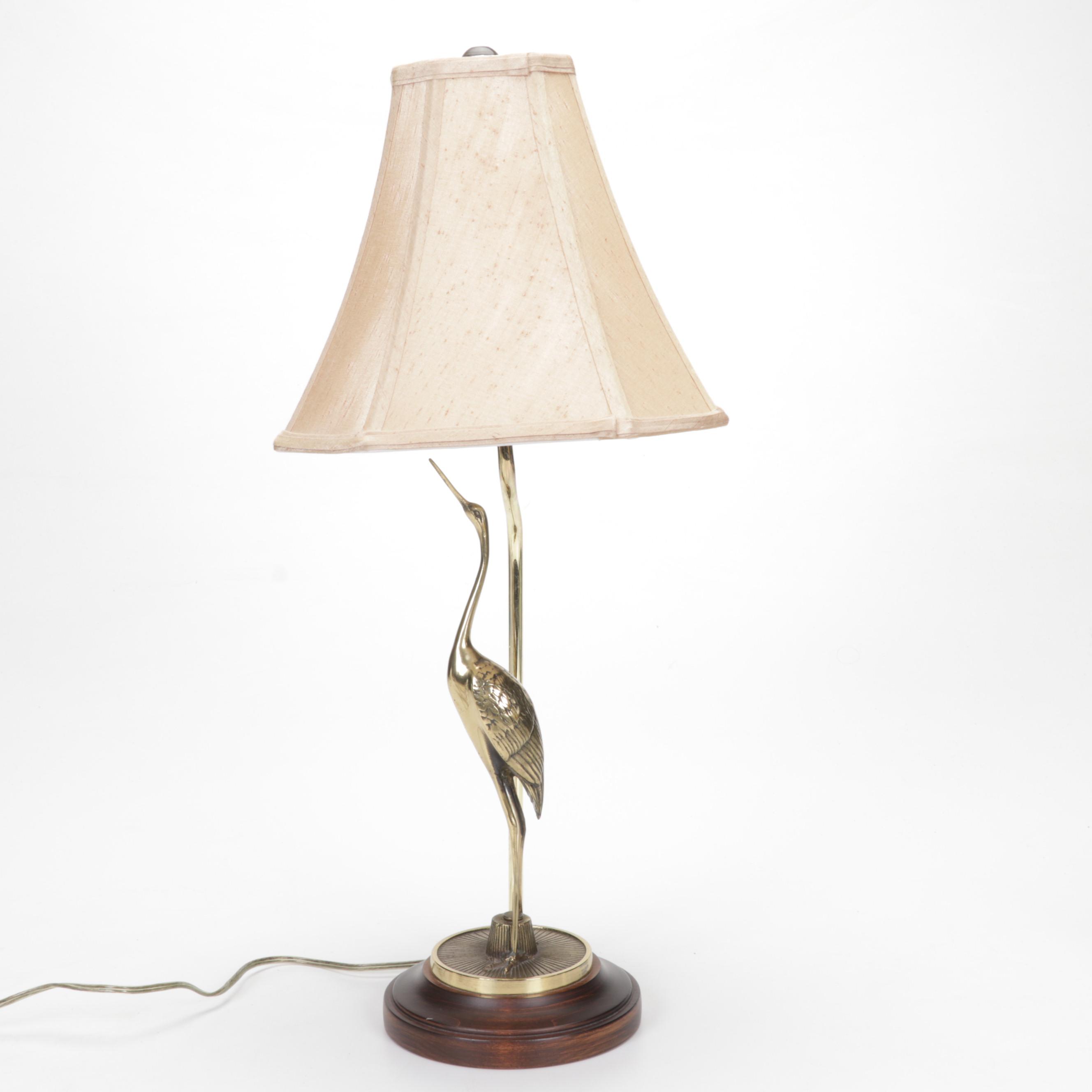 Brass Crane Table Lamp with Porcelain and Glass Bird Figurines
