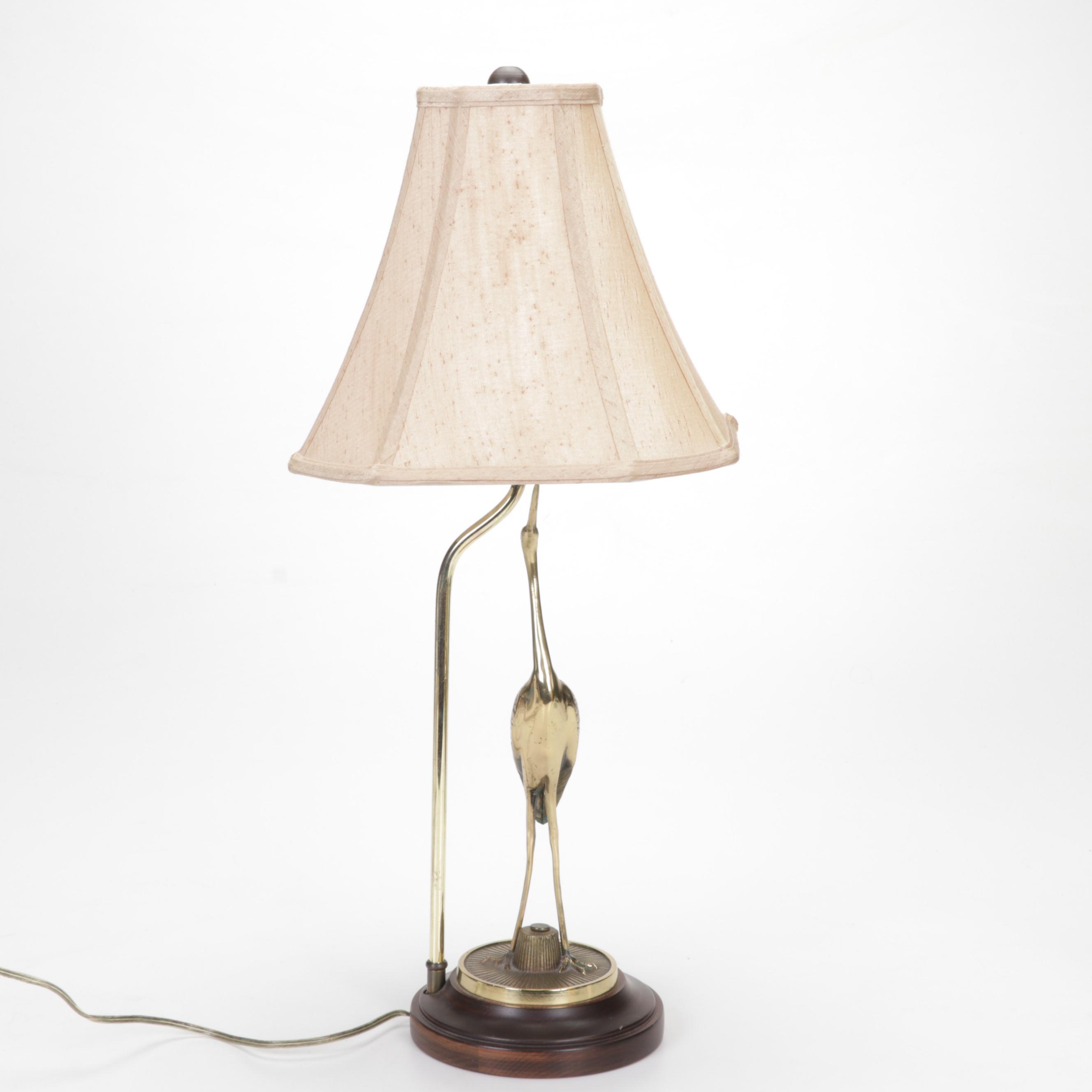 Brass Crane Table Lamp with Porcelain and Glass Bird Figurines