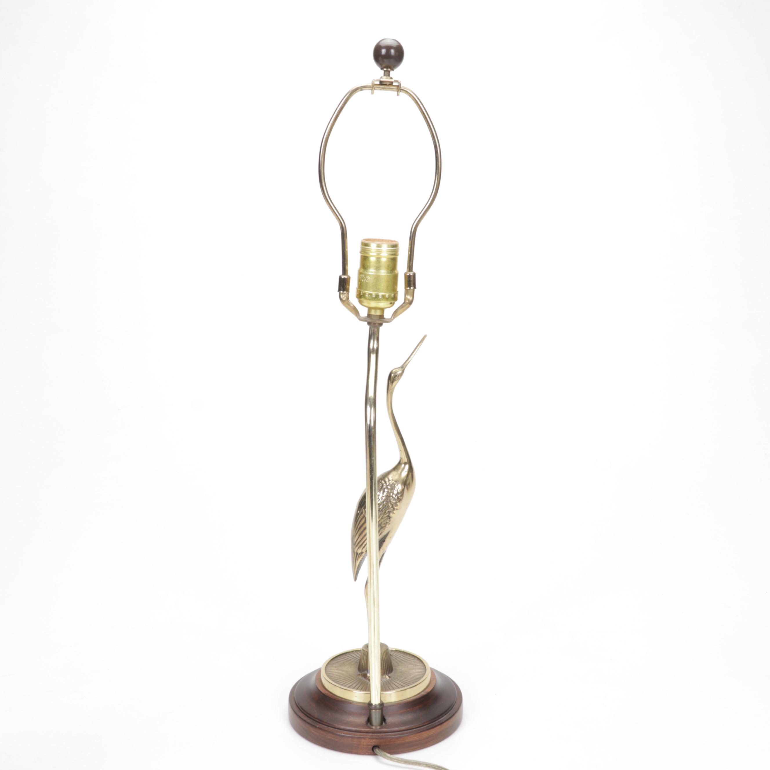 Brass Crane Table Lamp with Porcelain and Glass Bird Figurines