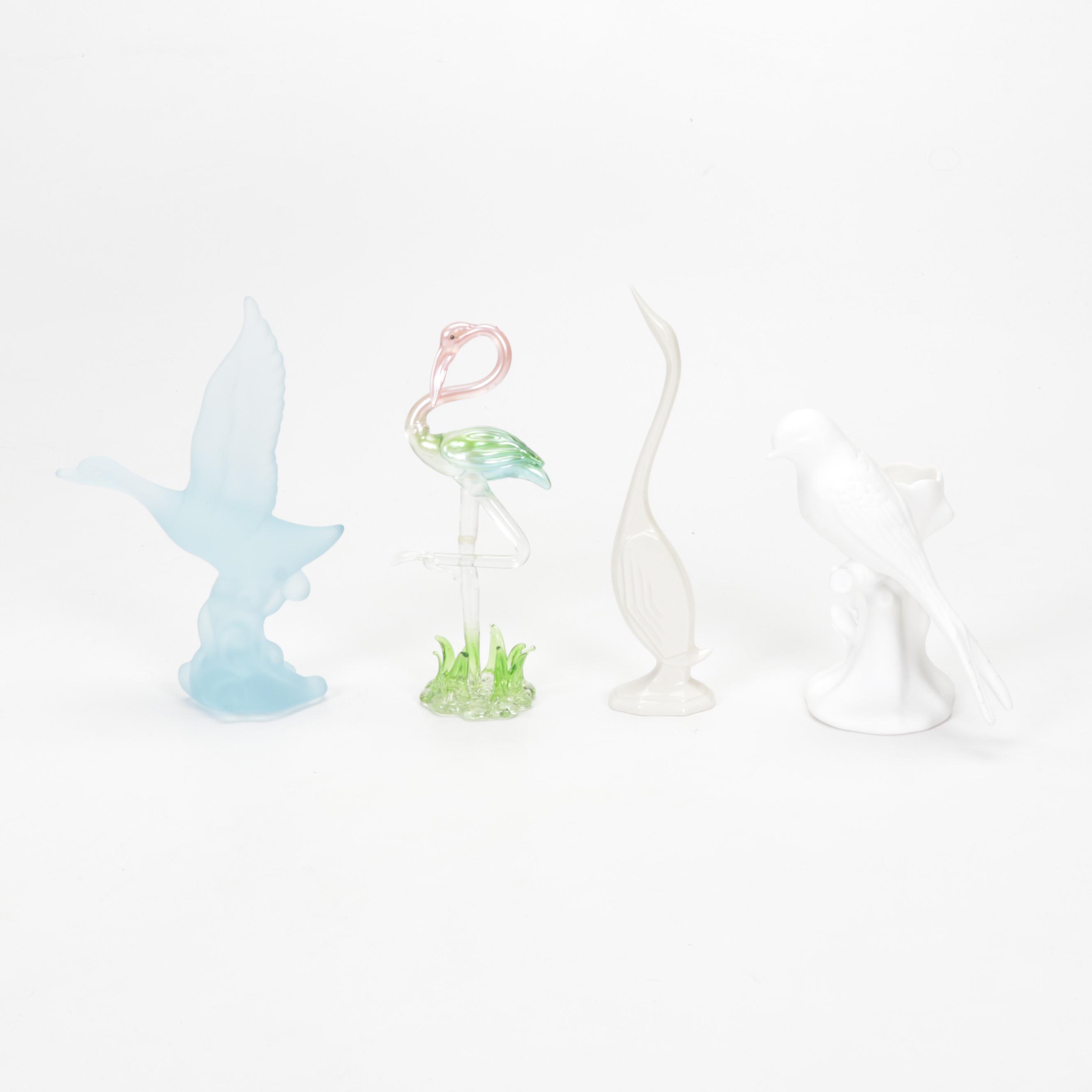 Brass Crane Table Lamp with Porcelain and Glass Bird Figurines