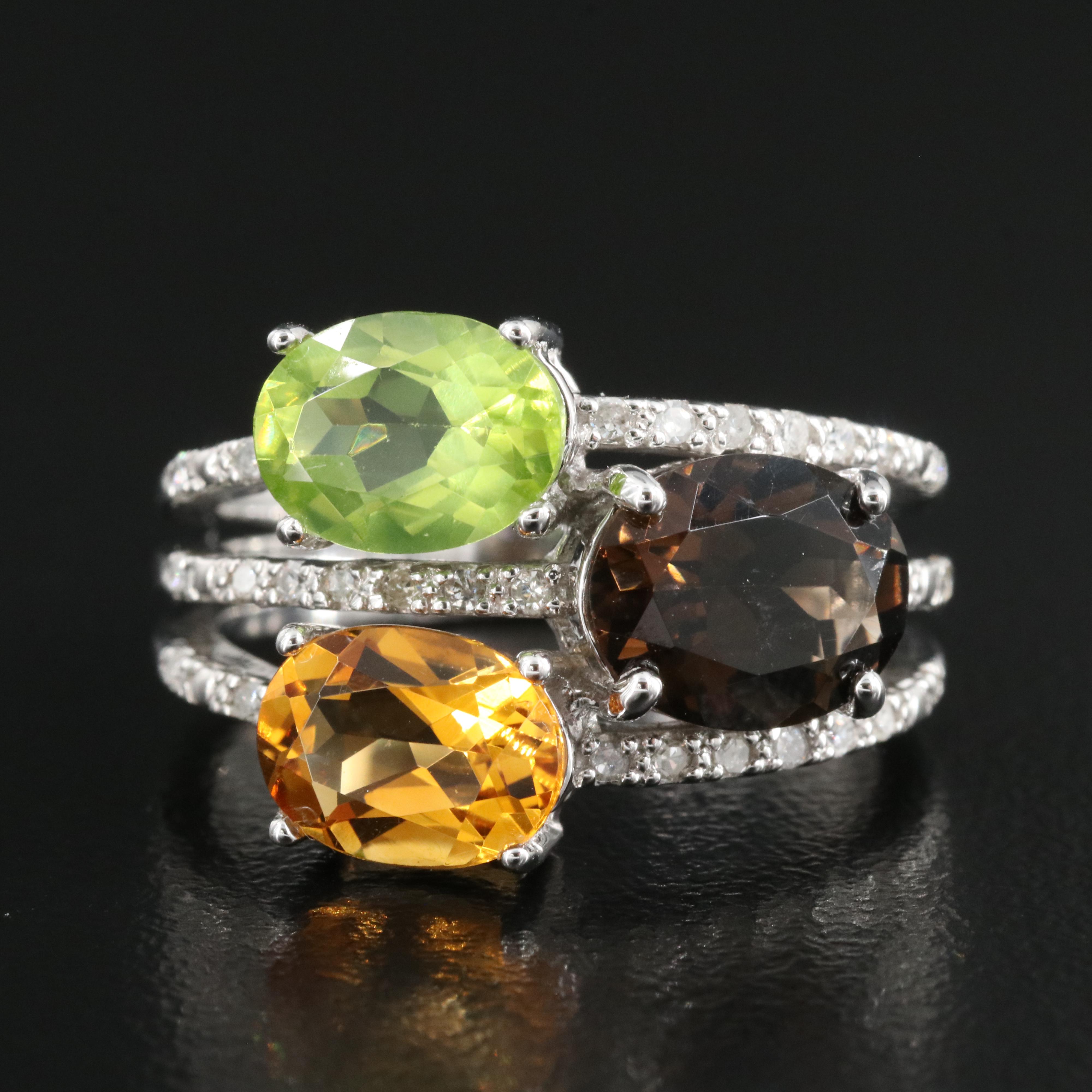 Sterling Peridot, Diamond and Gemstone Ring