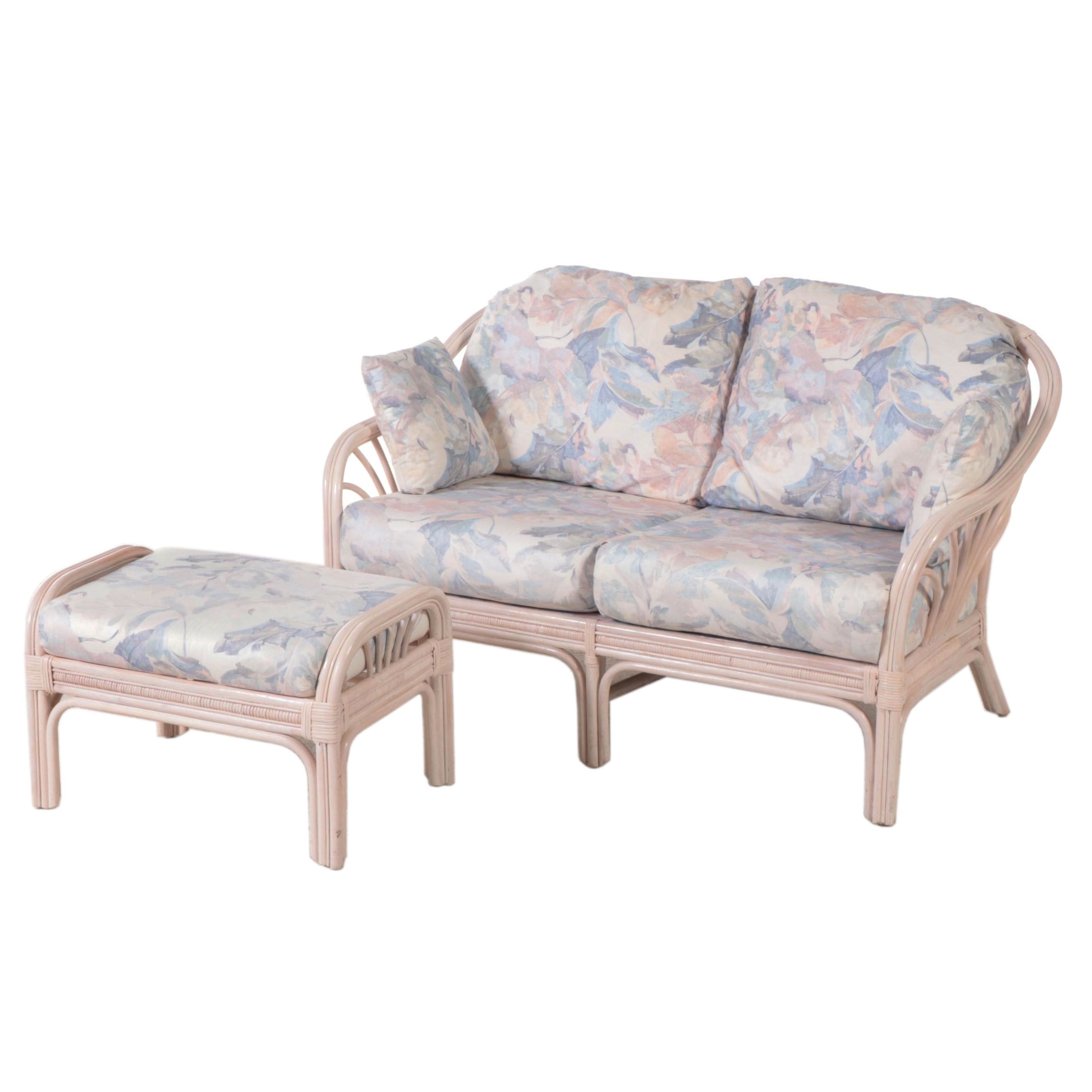 Ayers Furniture Cerused Rattan Patio Loveseat and Footstool