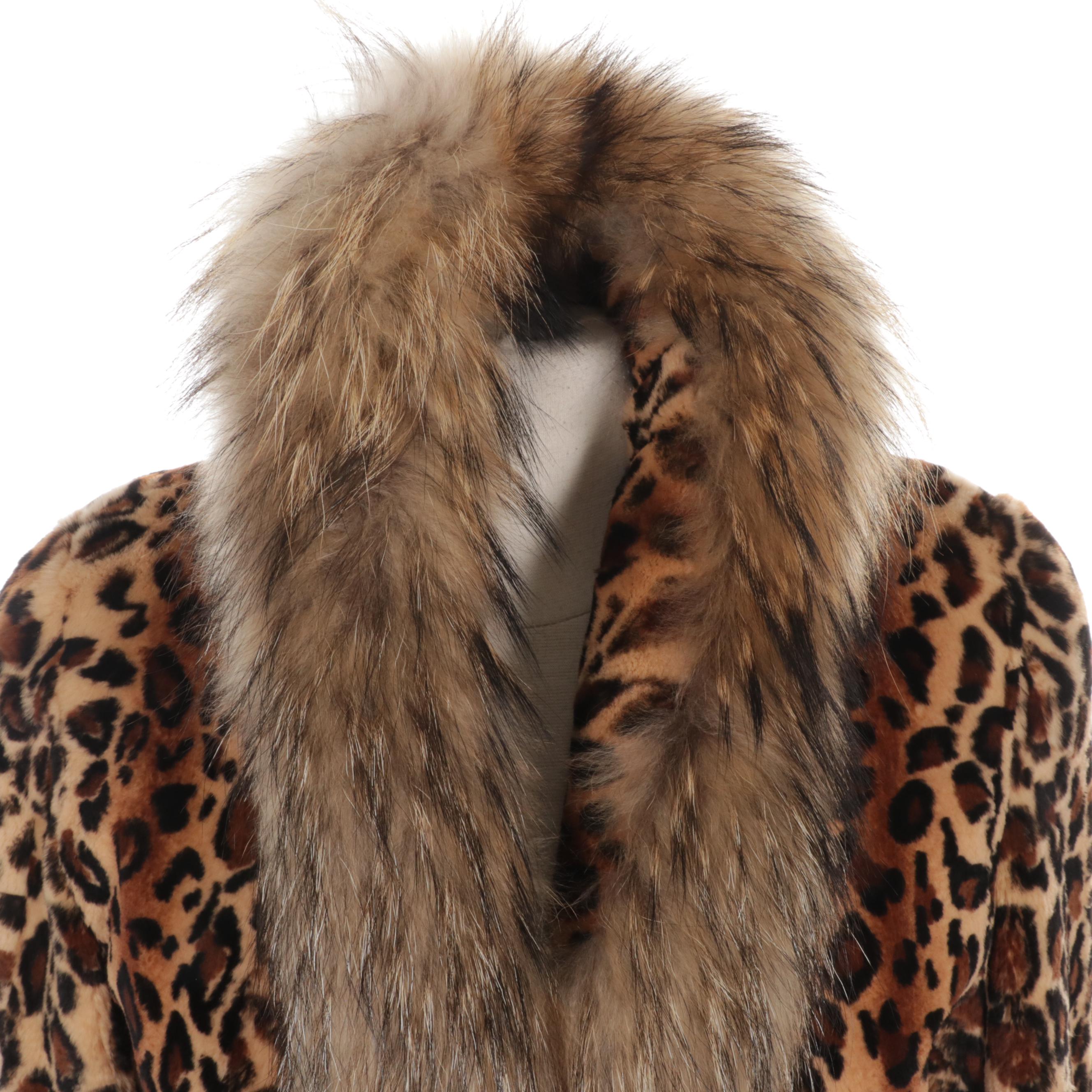 Sakowitz Cheetah Print Dyed Mink Fur Coat with Raccoon Fur Trim