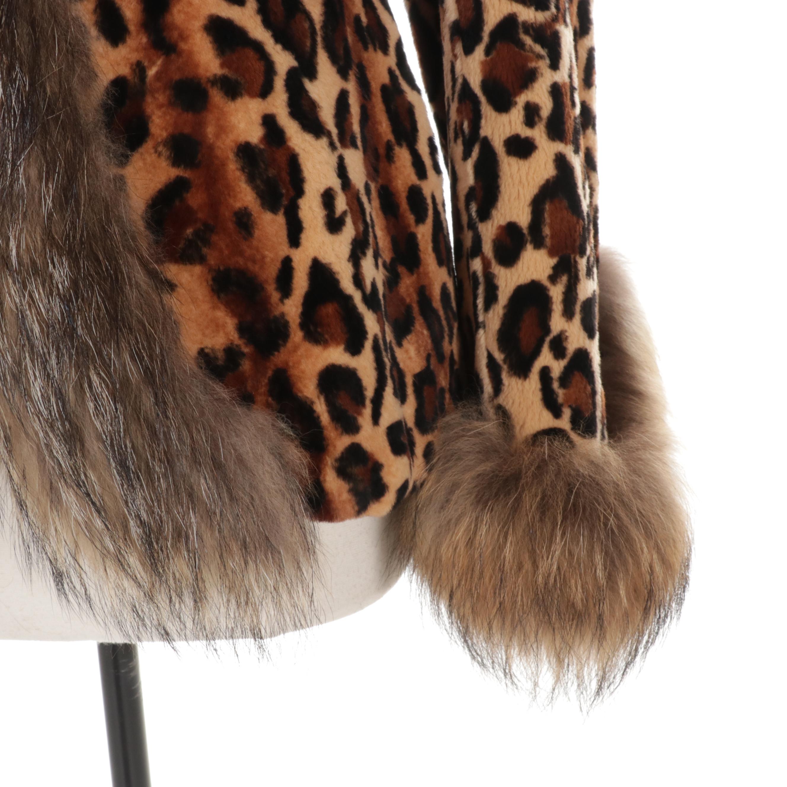 Sakowitz Cheetah Print Dyed Mink Fur Coat with Raccoon Fur Trim