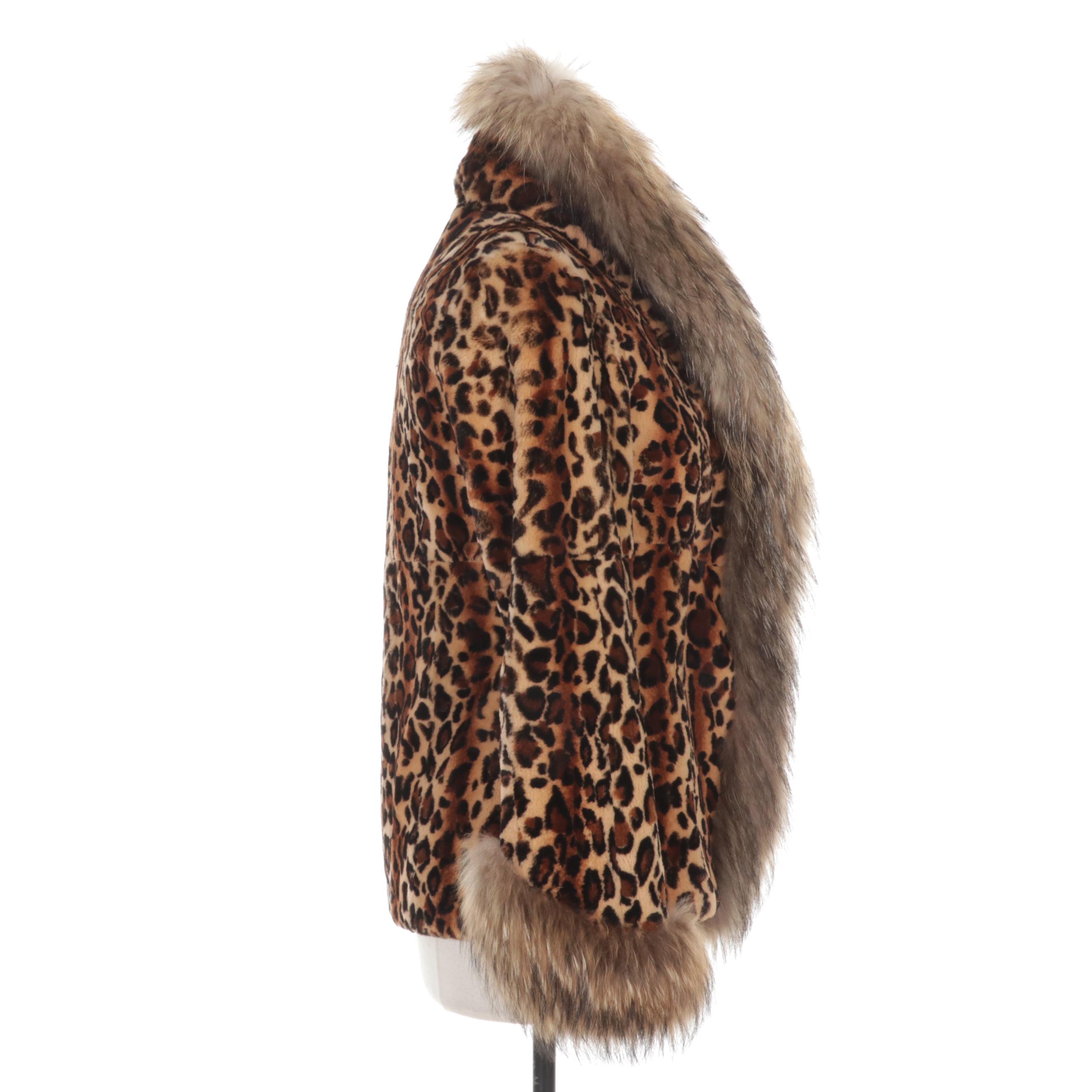 Sakowitz Cheetah Print Dyed Mink Fur Coat with Raccoon Fur Trim