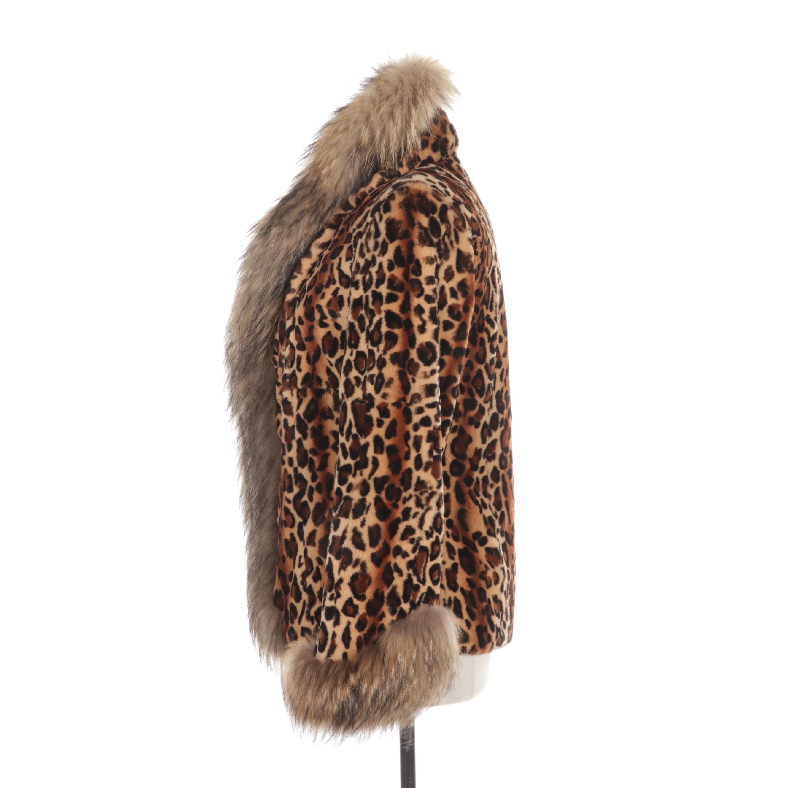 Sakowitz Cheetah Print Dyed Mink Fur Coat with Raccoon Fur Trim