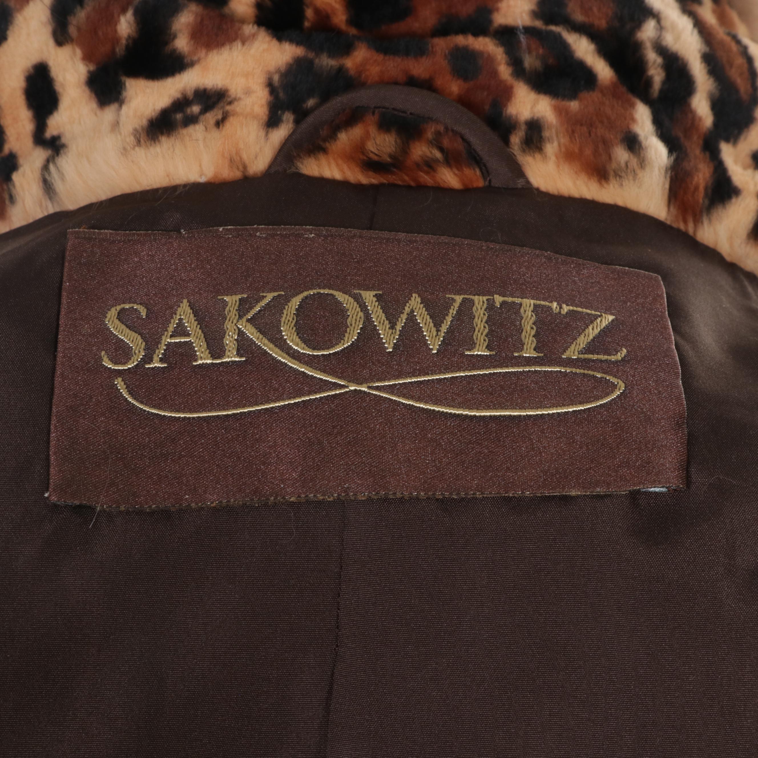 Sakowitz Cheetah Print Dyed Mink Fur Coat with Raccoon Fur Trim
